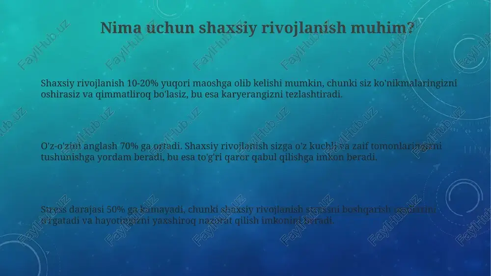 h va yangi ko'nikmalarni o'rganish uchun qulay imkoniyatlar yaratadi, masalan, coursera va udemy kabi platformalardan foydalanish mumkin. kutubxonalar va o'quv markazlari shaxsiy rivojlanish uchun zarur bo'lgan kitoblar, maqolalar va boshqa resurslar bilan ta'minlaydi, shuningdek, bepul seminarlar va tadbirlar tashkil etadi. e'tiboringiz uchun rahmat @taqdimot_robot image2.png