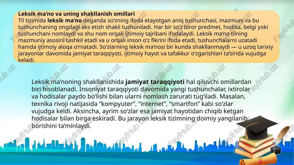 , metaforik ko‘chishlar yuz beradi, ma’no ko‘lamlari kengayadi. xulosa qilib aytganda, leksik ma’no — tilning asosiy mazmuniy bo‘lagi bo‘lib, u ijtimoiy, madaniy, psixologik, kognitiv va nutqiy omillar ta’sirida shakllanadi. ushbu jarayon tilning tirik va doimo rivojlanib boruvchi tizim ekanligini ko‘rsatadi. so‘zlarning leksik ma’nosi jamiyat taraqqiyoti bilan uyg‘un holda boyib, yangilanib boradi va shu orqali tilning mazmuniy imkoniyatlari kengayadi. leksik ma’no taraqqiyotining asosiy ko‘rinishlari til — bu tirik tizim bo‘lib, u doimo rivojlanib, boyib boradi. tilning bu rivojlanishida so‘zlarning leksik ma’nosi ham o‘zgaradi, kengayadi, torayadi yoki butunlay yangi semantik yuklamaga ega bo‘ladi. bu jarayon leksik ma’no taraqqiyoti deb ataladi. u tabiiy til taraqqiyotining muhim qonuniyatlaridan biri bo‘lib, insoniyat tarixida ijtimoiy, madaniy, siyosiy va ilmiy-texnik o‘zgarishlar bilan chambarchas bog‘liq holda kechadi. leksik ma’no taraqqiyotining bir necha asosiy ko‘rinishlari mavjud bo‘lib, ular tilshunoslikda ilmiy jihatdan chuqur o‘rganiladi. 1. ma’no kengayishi (semantik kengayish) ma’no kengayishi — bu so‘zning dastlabki ma’nosiga qo‘shimcha ravishda yangi ma’nolar …
