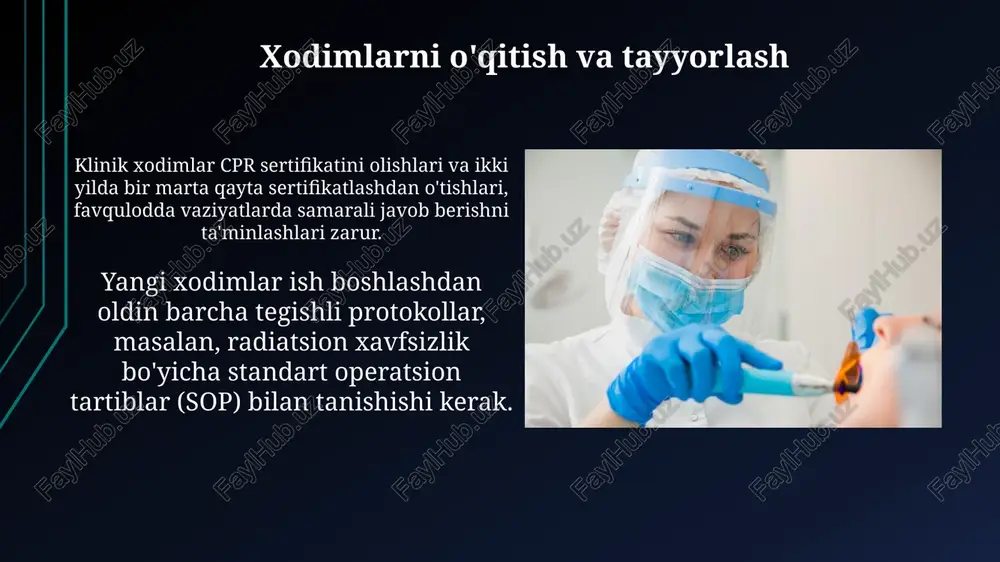 ulning balandligi va bemor kreslosining joylashuvi, stomatologlarga 20/20/20 qoidasiga rioya qilish va zo'riqishni kamaytirishga yordam beradi. favqulodda vaziyatlarda javob berish favqulodda vaziyatlarda shifokorlar tez tibbiy yordam ko'rsatish uchun cpr (kardiopulmonar reanimatsiya) bo'yicha o'qitilgan bo'lishi va tegishli uskunalar 3 daqiqa ichida tayyor bo'lishi kerak. yong'in yoki zilzila kabi favqulodda vaziyatlarda, bemorlar va xodimlar uchun evakuatsiya rejalari va 5 daqiqa ichida yig'ilish joyi aniq belgilanishi shart, takroriy mashg'ulotlar bilan. bemorni baholash va anamnez yig'ish so'rov davomida bemordan yomon odatlari (masalan, chekish), ovqatlanish tartibi va og'iz gigiyenasi odatlari haqida so'raladi, bu og'iz bo'shlig'i kasalliklarini rivojlanish xavfini baholashga yordam beradi. anamnez yig'ishda bemordan umumiy salomatligi, dori-darmonlar qabul qilishi, allergiyalari va stomatologik muammolari (masalan, tish og'rig'i) haqida ma'lumotlar olinadi, bu davolash rejasini tuzishda muhim. qo'llarni gigiena qilish qo'llarni sovun va suv bilan yuvish kamida 20-30 soniya davom etishi kerak, bu esa mikroblarning katta qismini olib tashlaydi va turli xil kasalliklarni oldini oladi. antiseptik vositalar qo'llarni …
