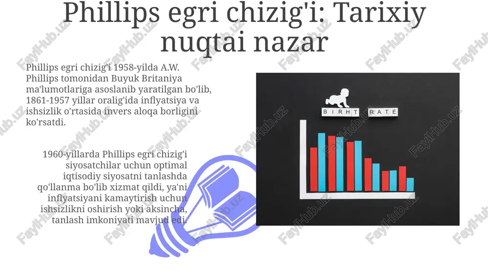 roitida iqtisodiy siyosatning samaradorligini baholashda tarixiy ma'lumotlardan foydalanishning xavfliligini ta'kidlaydi. inflyatsiya umidlari va phillips egri chizig'i agar odamlar kelajakda yuqori inflyatsiyani kutishsa, ular yuqori ish haqini talab qilishadi, bu esa firmalarni narxlarni oshirishga olib keladi va ishsizlikning pasayishiga qaramay inflyatsiyani keltirib chiqaradi. inflyatsiya umidlari phillips egri chizig'ini vertikal ravishda o'zgartirishi mumkin, bu esa 1970-yillarda kuzatilgan stakflyatsiyada bo'lgani kabi, uzoq muddatda ish o'rinlari va inflyatsiyaning doimiy aloqasi yo'qligini ko'rsatadi. siyosat uchun xulosalar inflyatsiya va ishsizlik o'rtasidagi muvozanatni topish juda muhim. siyosatchilar 2% inflyatsiya nishoniga erishish uchun ishsizlikni qabul qilishi mumkin, ammo bu ijtimoiy xarajatlarni hisobga olish lozim. phillips egri chizig'i hukumatga fiskal siyosat orqali ishsizlikni kamaytirish, ammo inflyatsiyaga toqat qilish imkonini beradi. agar narxlar 5% ga oshsa, bu ma'lum darajada ishsizlikni hal qiladi. xulosa 01 02 phillips egri chizig'ining shakli va pozitsiyasi kutilgan inflyatsiya, ta'minot zarbalari va demografik o'zgarishlar kabi omillarga bog'liq bo'lib, 10 yillik davrda uni tahlil qilish zaruriy hisoblanadi. …