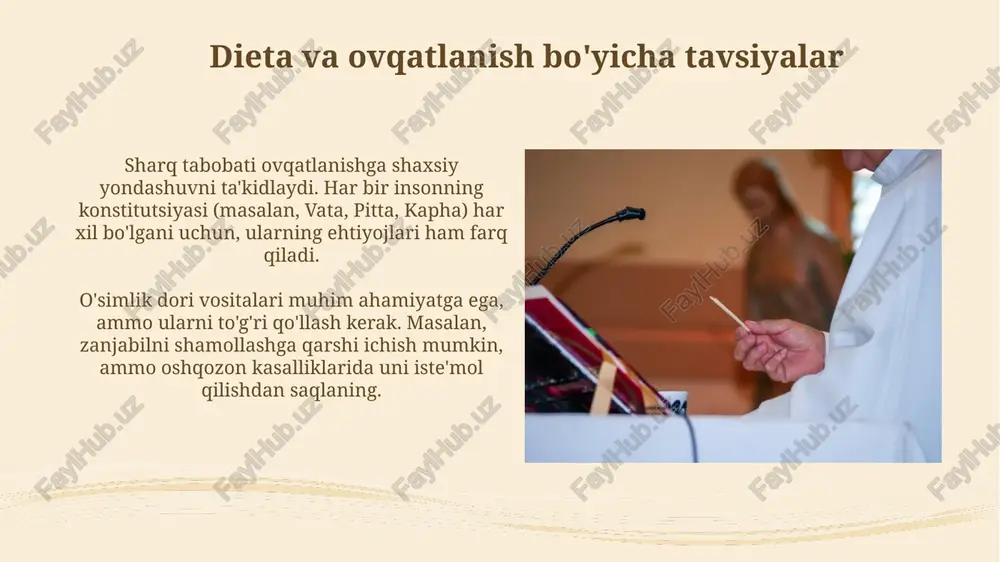 iklarni davolashda sharq tabobatining roli igna bilan davolash, sharq tabobatining asosiy usuli, 360 dan ortiq akupunktur nuqtalariga ta'sir etib, energiya oqimini (qi) tartibga soladi va og'riqni kamaytiradi. sharq tabobatida fitoterapiya keng qo'llaniladi; 5000 dan ortiq dorivor o'simliklar kasalliklarni davolash va immunitetni mustahkamlash uchun ishlatiladi. ayurveda: hindistonning qadimiy shifo san'ati ayurveda davolash usullari dietani o'zgartirish, o'simliklardan foydalanish, massaj terapiyasi va meditatsiya kabi amaliyotlarni o'z ichiga oladi, bu esa har bir insonning noyob konstitutsiyasiga moslashadi. ayurveda 5000 yildan ortiq tarixga ega bo'lib, unda uchta asosiy energiya, ya'ni vata (havo), pitta (o't) va kapha (suv) muvozanatini saqlash orqali salomatlikka erishiladi. xulosa va kelajak istiqbollari 2030 yilga borib, sharq tabobatining 5 ta asosiy usuli biotibbiyotga integratsiya qilinadi, bunda klinik sinovlar va ilmiy isbotlar muhim rol o’ynaydi. genomika va proteomika kabi fanlar 25% ga sharq tabobatining ta’sir mexanizmlarini tushunishni oshiradi va yangi dori vositalarini yaratishga olib keladi. ilmiy tadqiqotlar va dalillar zamonaviy tadqiqotlar 50 dan …