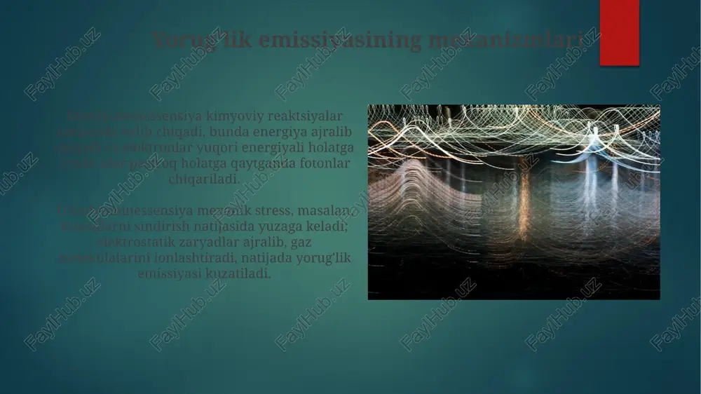 di, bu esa namunadagi elementlarning sifat va miqdoriy tahlilini o'tkazish imkonini beradi. emissiya spektroskopiyasi, masalan, plazma emissiya spektrometriyasi (icp-oes), atrof-muhitni monitoring qilishda metallarning izlarini aniqlash uchun 1 dan 1000 ppm gacha aniqlikda ishlatiladi. to'lqin ta'sirining asosiy tushunchalari to'lqin ta'sirining intensivligi energiyaning bir birlik vaqt ichida (masalan, sekundda) bir birlik maydonga (masalan, kvadrat metrga) o'tish tezligi bilan belgilanadi. amplituda (a) – to'lqinning muvozanat holatidan eng yuqori chetlanishidir; katta amplituda odatda to'lqinning yuqori energiya darajasini ko'rsatadi. nurlarni o'lchash texnikasi nurlarni o'lchashda optik spektrometriya usuli keng qo'llaniladi, bu yorug'lik intensivligini to'lqin uzunligiga bog'liq holda aniqlash imkonini beradi, masalan, 400-700 nm diapazonda. fotometriya inson ko'zi sezgirligini hisobga olib nurlarni o'lchaydi. lyuksmetrlar yorug'likni lyukslarda (lx) o'lchaydi, bu esa yoritilganlik darajasini ko'rsatadi. e'tiboringiz uchun rahmat @taqdimot_robot image7.jpg image8.jpg image9.jpg image10.jpg image11.jpg image12.jpg image13.jpg image14.jpg image15.jpg image16.jpg image17.jpg image18.jpg image1.png image2.png image3.png image4.png