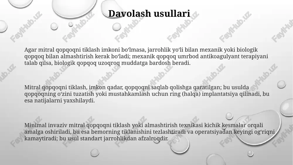 ar bilan davolash juda muhim, chunki revmatik isitma mitral yetishmovchilikka olib kelishi mumkin. yurak xurujidan keyin mitral yetishmovchilik ehtimolini kamaytirish uchun shifokor tavsiyalariga rioya qilish, dori-darmonlarni qabul qilish va yurak reabilitatsiya dasturlarida qatnashish kerak. gipertoniya, qandli diabet va yurak ishemik kasalligi kabi yurak-qon tomir kasalliklarini muntazam tekshiruvlar va sog'lom turmush tarzi orqali nazorat qilish, mitral yetishmovchilik xavfini kamaytiradi. exokardiyografiya exokardiografiya mitral etishmovchiligini baholashda muhim, chunki u klapanning anatomiyasi va funktsiyasi, regurgitatsiya darajasi va o'ng qorinchaga ta'siri haqida ma'lumot beradi. doppler exokardiografiya mitral regurgitatsiya oqimining tezligini o'lchaydi va uning og'irligini baholashga yordam beradi, 4 sm dan katta vena kontraktasi yoki 0,4 dan yuqori eroa og'ir regurgitatsiyani ko'rsatadi. transezofageal exokardiografiya (tee) ko'krak qafasi exokardiografiyasiga (tte) nisbatan mitral klapanning aniqroq tasvirlarini taqdim etadi, ayniqsa jarrohlik aralashuvini rejalashtirishda muhimdir. fizikal tekshiruv mitral yetishmovchilikda yurakning chap qorinchasi kengayganligi sababli, yurakning cho‘qqisi (apex beat) chapga siljishi mumkin, bu esa palpatsiya orqali aniqlanadi va uning kuchayishi ham …