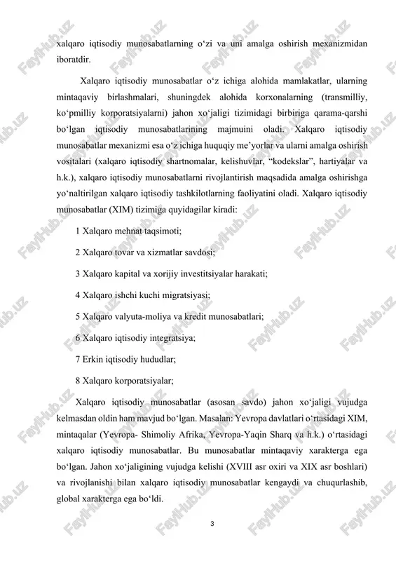 ‘jaligining vujudga kelishi (xviii asr oxiri va xix asr boshlari) va rivojlanishi bilan xalqaro iqtisodiy munosabatlar kengaydi va chuqurlashib, global xarakterga ega bo‘ldi. zamonaviy jahon xo‘jaligi bu - bozor iqtisodiyotining ob’ektiv qonunlariga bo‘ysinuvchi, o‘zaro bog‘liq bo‘lgan milliy iqtisodiyotlar birlashmasi, global iqtisodiy organizmdir. jahon iqtisodiyoti va xalqaro iqtisodiy munosabatlar fani iqtisodiyot nazariyasi, mikroiqtisodiyot, makroiqtisodiyot, statistika, mehnat iqtisodiyoti va demografiya, investitsiya fanlari bilan o‘zaro bog‘liqligi mavjud bo‘lib, ushbu fanlarning iqtisodiy qonun va kategoriyalaridan bevosita foydalanadi jahon xo‘jaligini rivojlanish bosqichlari va tendensiyalari jahon xo‘jaligi o‘zining vujudga kelishi va rivojlanishida uzoq hamda qiyin yo‘l bosib o‘tdi. ayrim tadqiqotchilar uning vujudga kelishini rim imperiyasi davri bilan bog‘lashadi (er.avv.gi ii va eramizning i asrlari). bunda ular rim imperiyasini o‘sha vaqtdagi butunjahon xo‘jalik tizimi deb baholaydilar. boshqa olimlar jahon xo‘jaligini faoliyat ko‘rsata boshlagan davrni xv-xvi asrlar, ya’ni buyuk jug‘rofiy kashfiyotlar davri bilan bog‘laydilar. aynan shu kashfiyotlar qimmatbaho toshlar, metallar, shirinliklar va qullar bilan xalqaro savdoning tez rivojlanishiga …