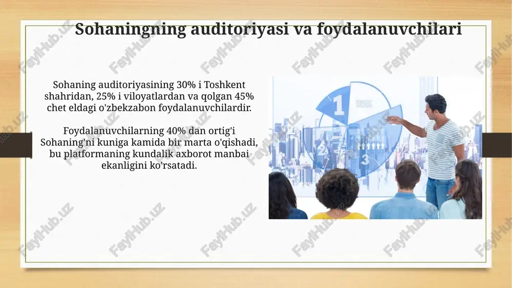 oladan iborat katta matn korpusini yaratishga qaratilgan bo'lib, u nlp modellarini o'qitish uchun mo'ljallangan. sohaning 2022-yilda o'zbek tilidagi matnlarni tahlil qilish uchun neyron tarmoqlarga asoslangan lingvistik vositalarni ishlab chiqdi, bu tilshunoslik tadqiqotlariga yordam beradi. kirish kirish qismi sohaning o'zbek tili axborot maydonida 10 yillik faoliyati davomida erishgan yutuqlarini sanab, kelajakdagi 5 yillik istiqbollarini aniqlashtirishi lozim. ushbu kirish sohaning 3 asosiy innovatsion yondashuvini (masalan, interaktivlik, ma'lumotlar vizualizatsiyasi, sun'iy intellekt) qamrab olib, ularning ta'sirini baholash kerak. muloqot va savol-javoblar sohaning "muloqot va savol-javoblar" platformasi audio va video formatdagi interaktiv sessiyalarni o'z ichiga oladi, ekspertlar bilan bevosita aloqa 1 soat davomida ta'minlanadi. sohaning yangi xizmati "muloqot va savol-javoblar" orqali foydalanuvchilar 5 tagacha savolni bepul berish imkoniyatiga ega bo'lib, keyin pullik konsultatsiyalar mavjud. xulosa "xulosa" 1-raqamli qism, yakuniy fikrlar bayoni, 3 ta asosiy dalilni jamlab, tinglovchilarning 75 foizi xabardorligini oshirish uchun qisqa izoh beradi. "xulosa" da, 2-bobga asoslanib, 5 ta kalit so'z yordamida 10 …