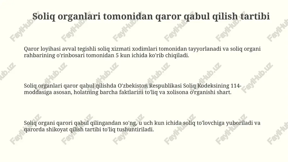 ri ko'zda tutilishi mumkin. soliq huquqbuzarliklari uchun jarimalar soliq qonunchiligini buzganlik uchun javobgarlikning keng tarqalgan shakli bo'lib, ular huquqbuzarlikning og'irligiga qarab belgilanadi. dalillarni to'plash va baholash tartibi soliq organlari to'plangan dalillarni 143-moddaga muvofiq baholab, soliq qonunchiligining buzilishini aniqlashlari kerak. ularning xulosalari ishonchli faktlar va qonuniy asoslarga tayanadi. baholash jarayonida, har bir dalilning qonuniyligi va ishonchliligi tekshiriladi. 139-modda bo'yicha, dalillar to'plami umumiy holatni aks ettirishi va 141-modda asosida xolis bo'lishi kerak. dalillarni to'plashda, soliq organlari 140-modda bo'yicha guvohlarning ko'rsatuvlari, ekspert xulosalari va hujjatlarni hisobga oladilar. ushbu dalillar soliq tekshiruvlari natijalariga asoslanadi. soliq huquqbuzarliklari bo'yicha statistik ma'lumotlar va tendentsiyalar yirik soliq to'lovchilar orasida qo'shilgan qiymat solig'ini (qqs) to'lashdan bo'yin tovlash holatlari 2022 yilda 8 foizni tashkil etdi, bu esa davlat byudjeti uchun muhim yo'qotish hisoblanadi. soliq organlari tomonidan o'tkazilgan tekshiruvlar natijasida aniqlangan yashirin daromadlar miqdori 2023 yilda 12 milliard so'mdan oshdi, bu esa soliqlarni undirishni kuchaytirish zarurligini ko'rsatadi. so'nggi yillarda soliq huquqbuzarliklarining …