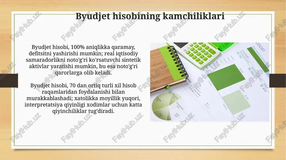 nbbda menejerlar barcha faoliyat va loyihalarni 'qarorlar paketi' sifatida ko'rib chiqadilar. har bir paketning ustuvorligi baholanadi va resurslar 20% dan 80% gacha eng yuqori reytingga ega bo'lganlarga yo'naltiriladi. nol bazisli byudjetlashtirish maqsadni 100% tahlil qilish va xarajatlarni optimallashtirishga qaratilgan. 5 yilgacha bo'lgan muddatli byudjetlar uchun foydali bo'lishi mumkin, lekin har bir davrda resurslarni intensiv baholashni talab qiladi. byudjet hisobini joriy etish bo'yicha maslahatlar budjet hisobini joriy etishda, dastlabki bosqichda moliyaviy resurslarni aniqlash va kelgusi xarajatlarni 12 oylik davr uchun prognoz qilish muhim. budjet monitoringi uchun, muntazam hisobotlar tuzish va faktik xarajatlarni 3 oylik yoki 6 oylik prognozlar bilan solishtirish zarur. e'tiboringiz uchun rahmat @taqdimot_robot image8.jpg image9.jpg image10.jpg image11.jpg image12.jpg image13.jpg image14.jpg image15.jpg image16.jpg image17.jpg image18.jpg image19.jpg image3.png image4.png