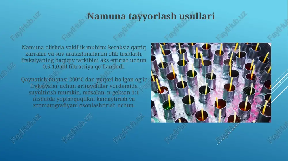 sh uchun ishlatiladi. yuqori samarali suyuqlik xromatografiyasi (hplc) ultraviyole (uv) detektorlari hplcda keng qo'llaniladi, odatda 200 dan 400 nm gacha to'lqin uzunliklarida fraksiyalarning konsentratsiyasini aniq o'lchash uchun ishlatiladi. yuqori samarali suyuqlik xromatografiyasi (hplc) 10 mkm dan kichik zarrachalar o'lchamiga ega qadoqlangan statsionar fazadan foydalanadi, bu esa yuqori piksellar sonini va ajratish samaradorligini ta'minlaydi. harakatlanuvchi va harakatsiz fazalar harakatlanuvchi faza, odatda suyuqlik yoki gaz bo'lib, aralashmani ajratish uchun harakatsiz faza ustidan o'tadi, analitlarni eruvchanligiga qarab turli tezlikda olib boradi. faza nisbati (β) - harakatsiz fazaning hajmiga harakatlanuvchi fazaning hajmiga nisbati bo'lib, u ajratish sifatini sezilarli darajada ta'sir qiladi, bu esa samarali ajratish uchun 0.1 dan 10 gacha bo'lishi kerak. xromatografiya turlari (gaz, suyuqlik) gaz xromatografiyasi uchuvchan moddalarni ajratadi, 200°c dan 300°c gacha yuqori haroratda. inert gaz tashuvchi sifatida ishlatiladi, komponentlar qaynash nuqtasiga qarab ajratiladi. suyuqlik xromatografiyasida turli xil detektorlar mavjud (uv, ri, mass-spektrometriya), gazda esa issiqlik o'tkazuvchanligi va ionlanish detektorlari qo'llaniladi, …