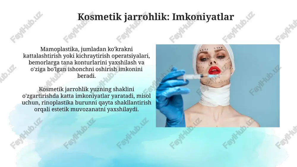 tiradi va natijalarni sezilarli darajada yaxshilaydi. etik va psixologik jihatlar mutaxassislar 30-40% holatlarda bemorlarning psixologik bahosini o'tkazishlari kerak, ayniqsa, haddan tashqari talablar yoki depressiya kabi belgilar mavjud bo'lsa. etik dilemma bemorning 85-90% holatlarda real bo'lmagan umidlari bilan bog'liq, chunki ular ideal qiyofaga erishishni istashadi, bu esa professional burchga zid keladi. plastik jarrohlikning afzalliklari plastik jarrohlik, masalan, rinoplastika, nafas olish funksiyasini 70-80% gacha yaxshilashi mumkin, bu esa bemorning hayot sifatini sezilarli darajada oshiradi. mamoplastika kabi amaliyotlar ayollarning o'ziga bo'lgan ishonchini 60-75% ga ko'tarishi mumkin, bu esa ularning ijtimoiy hayotiga ijobiy ta'sir ko'rsatadi. taniqli jarrohlar va klinikalar dr. ivo pitanguy, braziliyalik plastik jarroh, u 50 yildan ortiq tajribaga ega bo'lib, 1960-yillarda rio-de-janeyroda dunyoga mashhur klinikani tashkil etgan edi. seul shahrida joylashgan bk dongyang plastik jarrohlik klinikasi, 30 dan ortiq sertifikatlangan jarrohlarga ega va osiyo bo'ylab yuz konturlarini o'zgartirish bo'yicha yetakchi hisoblanadi. byudjet va moliyalashtirish kosmetik jarrohlikda byudjetlashtirish, xarajatlarni baholash va moliyalashtirishni rejalashtirishni …