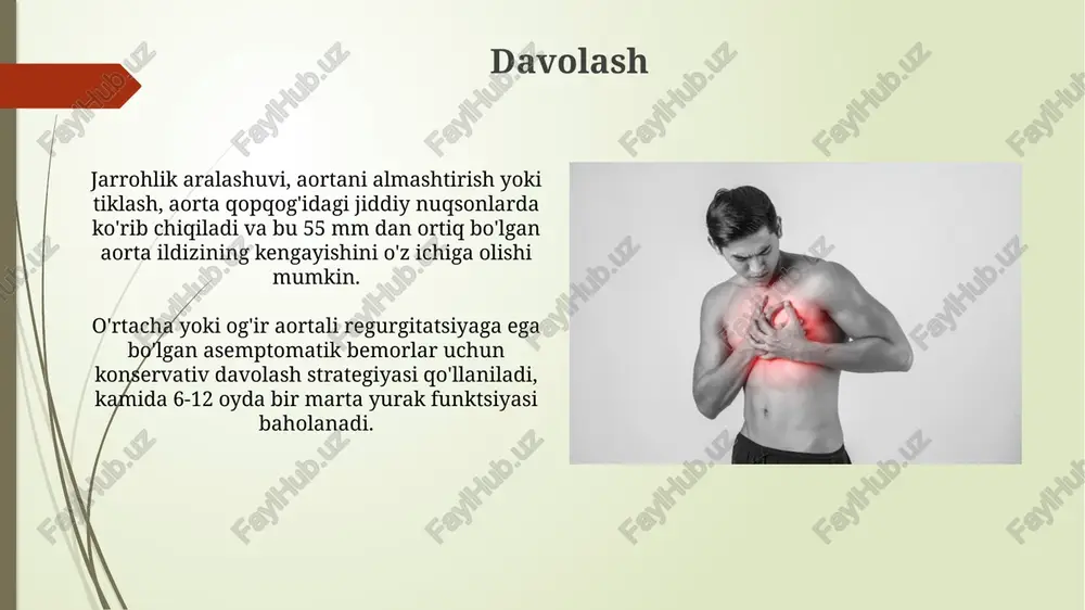isida yurak kateterizatsiyasi regurgitatsiyaning og'irligini aniq o'lchash va koronar arteriya kasalligini istisno qilish uchun kamdan-kam hollarda, lekin muhim o'rin tutadi. aort yetishmovchiligi tashxisida doppler exokardiyografiya muhim rol oʻynaydi, u regurgitatsiya oqimini va uning ogʻirligini 1 darajadan 4 gacha aniqlashga yordam beradi. ta'rif va epidemiologiya aorta yetishmovchiligi, aorta klapanining to'liq yopilmasligi sababli, qonning chap qorinchaga qaytishiga olib keladigan holatdir; uning tarqalishi 4,9 million aholiga to'g'ri keladi. rivojlangan davlatlarda aorta yetishmovchiligining asosiy sabablari degenerativ o'zgarishlar va bikuspid aorta klapanidir; aqshda 65 yoshdan oshganlarda taxminan 1,5% tashxis qo'yiladi. e'tiboringiz uchun rahmat @taqdimot_robot image2.jpg image3.jpg image4.jpg image5.jpg image6.jpg image7.jpg image8.jpg image9.jpg image10.jpg image11.jpg image12.jpg image13.jpg