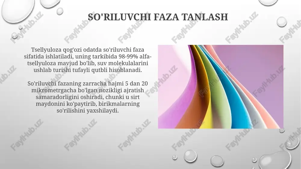 an arzon usul bo'lib, maxsus uskunalar talab qilmaydi, laboratoriya xarajatlarini sezilarli darajada kamaytiradi, bu esa 10-15% gacha tejalishga olib kelishi mumkin. aylanma qog'oz xromatografiyasi bu usulda qog'oz dumaloq shaklda bo'ladi va namunaning markaziga joylashtiriladi, so'ngra erituvchi qog'oz orqali radial tarzda harakatlanadi va komponentlarni ajratadi. aylanma qog'oz xromatografiyasida namunaning komponentlari filtr qog'ozida radiatsiya shaklida ajraladi, bunda r_f qiymatlari 0 dan 1 gacha bo'ladi, bu moddalarning harakatchanligini ifodalaydi. harakatlanuvchi faza tanlash harakatlanuvchi fazani tanlashda erituvchining qutbliligi muhim, masalan, qutbli analitlar uchun qutbli erituvchilar (metanol, suv) yaxshiroq, qutbsizlari uchun esa qutbsiz erituvchilar (geksan) afzal. qutbsiz harakatlanuvchi faza (rf qiymati) qutbsiz analitlarning adsorbentga nisbatan yuqori harakatlanishiga olib keladi, bu esa ajratish jarayonida 0 dan 1 gacha bo'lgan qiymatlarni optimallashtiradi. ko'tariluvchi qog'oz xromatografiyasi ko'tariluvchi qog'oz xromatografiyasida erituvchi pastdan yuqoriga ko'tariladi, bunda kapillyar kuchlar filtr qog'ozi ichida suyuqlikning 1 dan 10 sm gacha harakatlanishiga yordam beradi. bu usulda namuna qog'ozning pastki qismiga qo'llaniladi, erituvchi idishning tubida …