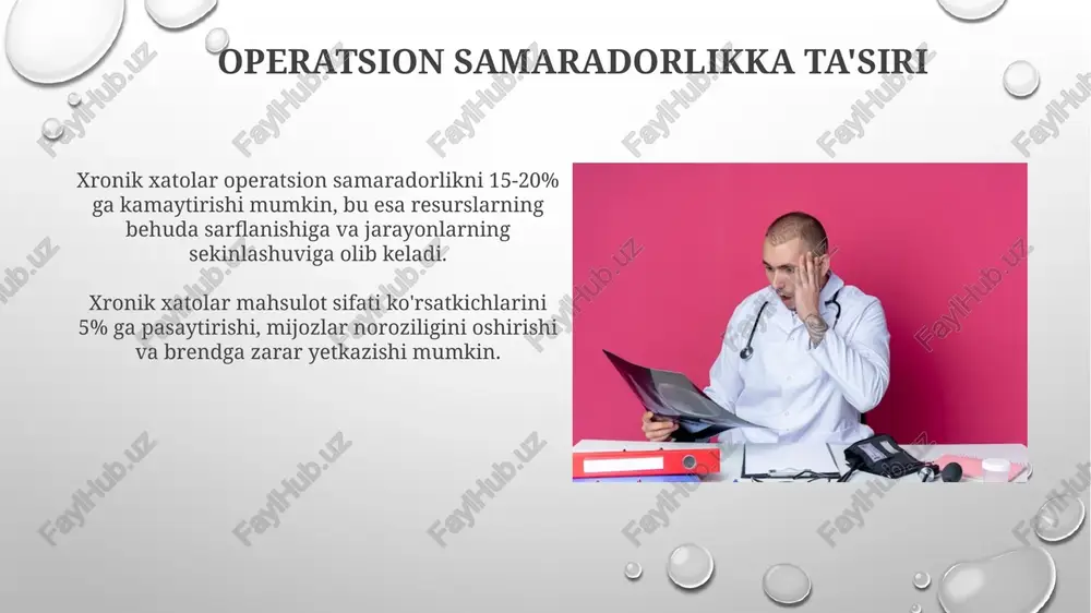 a'sir ko'rsatishi mumkin, masalan, 5% ga noto'g'ri tarjima qilish xalqaro tushunmovchilikka olib keladi. xatolarni kamaytirish strategiyalari xodimlarni muntazam o'qitish orqali xatolarni kamaytiring. ma'lumot almashish va yangi protseduralarni joriy qilish orqali, xatolik ehtimolini kamaytirishingiz mumkin. xatolarni kamaytirish uchun '5 whys' usulini qo'llang: asosiy sababni aniqlash maqsadida, har bir xato uchun ketma-ket 'nima uchun?' degan savolni kamida 5 marta bering. xatolik manbalari ma'lumotlarni kiritish xatoliklari noto'g'ri terish, ma'lumotlarni o'tkazishdagi xatolar va dasturiy ta'minotdagi nosozliklar natijasida paydo bo'ladi, natijada 5-10% noto'g'ri ma'lumotlar natijalarga jiddiy ta'sir qiladi. o'lchov xatoliklari noaniq asboblar yoki noto'g'ri kalibrlash tufayli yuzaga keladi, natijada o'lchovlarda tizimli siljishlar bo'ladi. masalan, 1 graduslik xato katta o'lchovlarda sezilarli nomuvofiqliklarni keltirib chiqarishi mumkin. xodimlar unumdorligiga ta'siri surunkali xatolar xodimlarning o'ziga ishonchini kamaytiradi, natijada yangi g'oyalar taklif qilish yoki muammolarni hal qilish qobiliyati 25% ga kamayadi. xatoliklar tufayli motivatsiya pasayishi xodimning ish sifatiga ta'sir etadi, bu esa o'rtacha 10% dan 20% gacha mahsuldorlik yo'qotilishiga sabab …