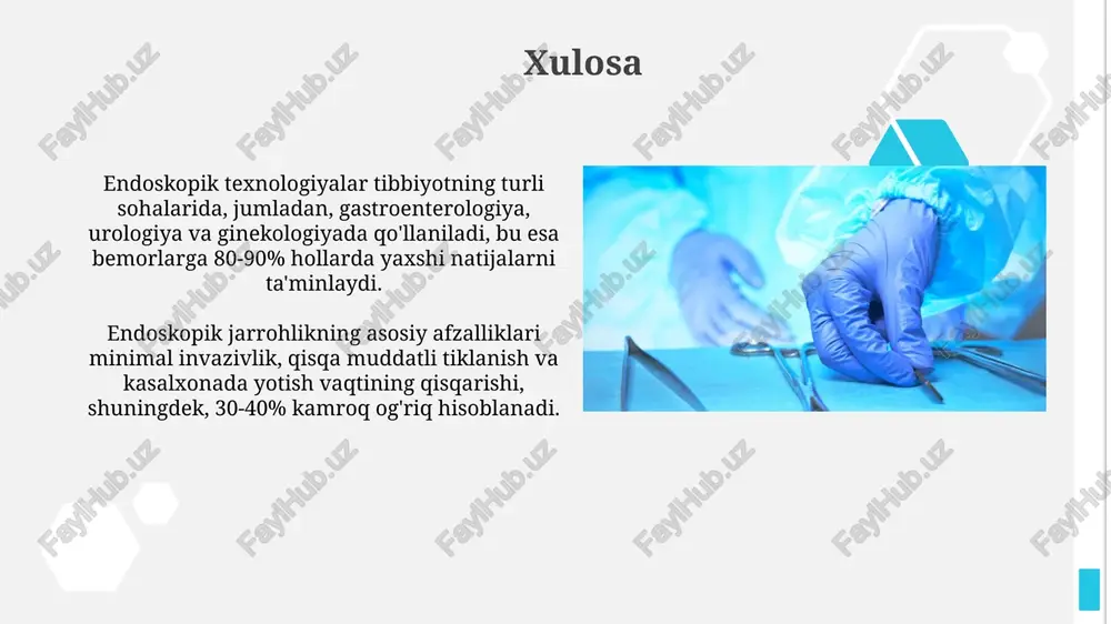 mm dan kam bo'lgan endoskoplardan foydalanadi. endoskopik jarrohlikning turlari bronxoskopiya nafas yo'llarini vizual tekshirish uchun ishlatiladi; 2.8 mm dan 6 mm gacha bo'lgan bronxoskoplar yordamida o'pka saratoni va boshqa kasalliklar aniqlanadi. laparoskopik jarrohlik, minimal invaziv usul boʻlib, qorin boʻshligʻiga kichik kesmalar orqali kamera va asboblar kiritilib, xirurgik amaliyotlar oʻtkaziladi. bu 0.5-1 sm kesmalarni talab qiladi. endoskopik asboblar va texnologiyalar hd va 4k kameralar endoskopik tasvirlarni yuqori aniqlikda ko'rsatadi, bu esa mayda to'qimalarni aniqlash va 3d tasvirlash texnologiyasini qo'llash imkonini beradi. robotlashtirilgan endoskopik tizimlar, masalan, da vinci, jarrohning harakatlarini aniq nusxalash orqali minimal invaziv jarrohlikda 7 ta erkinlik darajasini ta'minlaydi. endoskopik jarrohlikning afzalliklari operatsiyadan so'ng tezroq tiklanish davri kuzatiladi, ko'pincha bemorlar 1-2 kundan so'ng uyga qaytishlari mumkin, bu an'anaviy jarrohlikka nisbatan sezilarli ustunlikdir. endoskopik jarrohlikda kamroq chandiqlar qoladi, chunki kichik kesmalar kosmetik natijalarni yaxshilaydi va bemorning psixologik farovonligiga ijobiy ta'sir ko'rsatadi. ginekologiyada endoskopik jarrohlik ginekologiyada endoskopik jarrohlikda minimal invazivlik tufayli qorin …