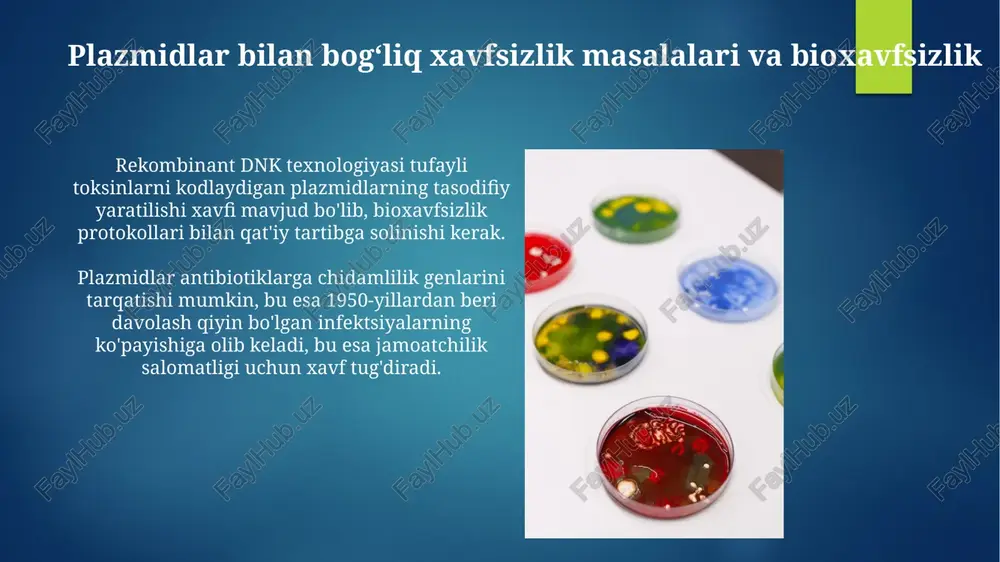 muhim rol o'ynaydi. tibbiyotda plazmidlarning qoʻllanilishi plazmidlar vaktsinalarni ishlab chiqishda ishlatiladi, shu jumladan dnk vaktsinalari, ular immunitetni 70% gacha oshirishi mumkin, ayniqsa virusli kasalliklarga qarshi. plazmidlar rekombinant insulin ishlab chiqarishda muhim rol o'ynaydi, odatda e.coli bakteriyasida, bu esa 95% diabetga chalingan bemorlar uchun samarali davolash imkoniyatini ta'minlaydi. klonlash vektorlari sifatida plazmidlar plazmidlar, odatda, 1-200 kbo gacha bo'lgan kichik, halqasimon dnk molekulalari bo'lib, ular klonlash vektorlari sifatida foydali, chunki ular mustaqil ravishda replikatsiya qiladi va genlarni tashish imkonini beradi. plazmid vektorlari antibiotiklarga chidamlilik genlarini o'z ichiga oladi, bu esa transformatsiya qilingan bakteriyalarni antibiotikli muhitda o'stirish orqali tanlab olishga imkon beradi, bu esa 10^6 transformantdan kerakligini ajratishga yordam beradi. plazmidlarni transformatsiya usullari kimyoviy kompetent hujayralar, masalan, ca2+ bilan ishlov berilgan hujayralar, plazmid dnkni osonroq qabul qiladi, chunki ca2+ dnk va hujayra membranasining salbiy zaryadlarini neytrallaydi. issiqlik zarbasi transformatsiyasi 42°c da qisqa muddatli isitishdan foydalanadi, bu bakterial hujayra membranasining o'tkazuvchanligini oshiradi va plazmid …