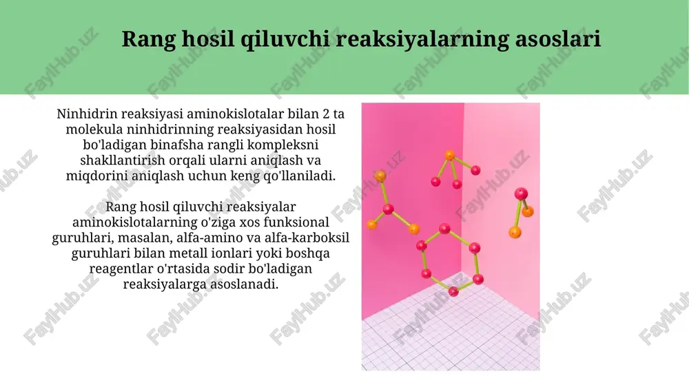 sh uchun qat'iy nazorat zarur, bu esa 2-5% gacha farqlarni keltirib chiqarishi mumkin. ehrlich reaksiyasi bu reaksiyada dmabning karbonil guruhi aminokislotaning indol halqasi bilan reaksiyaga kirishib, rangli xinoimin hosil qiladi, intensivligi aminokislota konsentratsiyasiga proportsional. erlix reaksiyasi peptidlar va oqsillarni miqdoriy aniqlash uchun ishlatiladi, lekin uning sezgirligi har xil sharoitlarda ph 2.0-3.0 va harorat kabi omillarga bog'liq. aminokislotalarning tuzilishi va xossalari aminokislotalar molekulalarida kamida bitta aminoguruh (-nh2) va bitta karboksil guruh (-cooh) mavjud bo'lib, ular alfa (α) uglerod atomiga bog'langan. ushbu tuzilish amfoter xususiyatlarini beradi. aminokislotalar peptid bog'lar orqali bir-biriga bog'lanib, polipeptidlarni hosil qiladi. peptid bog'i - bitta aminokislotaning karboksil guruhi va boshqasining aminoguruhi o'rtasida hosil bo'ladigan kovallent bog'dir. ninxidrin reaksiyasi ninhidrin reaksiyasining muhim bosqichi, alfa-aminokislota bilan reaksiyaga kirishib, diketohidrindamin (ruhemann binafsha rang) hosil qiladi, bu rang intensivligi aminokislota miqdoriga proporsionaldir. ninhidrin reaksiyasi, alfa-aminokislotalar, peptidlar va oqsillarni aniqlash uchun ishlatiladi, bu erda ninhidrinning deaminatsiya natijasida hosil bo'lgan imin bilan reaksiyasi ko'k-binafsha …