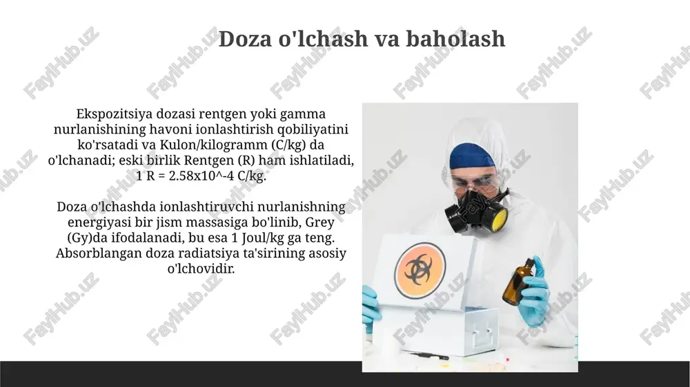 bo'lmagan dozalarda proportsionaldir. radioaktiv moddalarning atrof-muhitga ta'siri atmosferaga tarqalgan radioaktiv moddalar kislotali yomg'irga sabab bo'lishi, ozon qatlamini yemirishi va global isish kabi uzoq muddatli ekologik oqibatlarga olib kelishi, aholi salomatligiga zarar yetkazishi mumkin. radioaktiv moddalar tuproqqa tushganda, o'simliklar ularni o'zlashtirishi mumkin, bu esa oziq-ovqat zanjiri orqali odamlarga radioaktivlik o'tish xavfini oshiradi va o'simliklarning o'sishiga salbiy ta'sir ko'rsatadi. radiatsion avariya oqibatlarini bartaraf etish avariya oqibatlarini bartaraf etish strategiyasi radioaktiv moddalarning tarqalishini cheklash, suv va oziq-ovqat ta'minotini nazorat qilishni o'z ichiga oladi, bu esa 5-10 km radiusda amalga oshiriladi. zararlanish oqibatlarini bartaraf etishda dozimetrik nazoratni amalga oshirish, ifloslangan hududlarni dezaktivatsiya qilish va tibbiy yordam ko'rsatish muhim. radioaktiv moddalar konsentratsiyasi 100 bq/kg dan oshishi mumkin. evakuatsiya va boshpana boshpana - bu radiatsiyadan himoya qiluvchi inshoot, unda radiatsiya darajasi 10-100 barobar kamayadi, shuning uchun u yerda 72 soatgacha qolish mumkin. evakuatsiya vaqtida 10 kg gacha zarur narsalar olib ketiladi, shuningdek, shaxsiy himoya vositalari, masalan, …