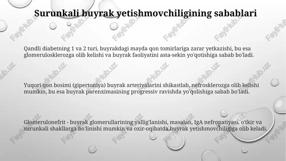 ni nazorat qiladi, renin gormonini ishlab chiqaradi. ushbu gormon angiotensin ii hosil bo'lishiga olib keladi, bu esa qon tomirlarini qisqartiradi va qon bosimini oshiradi. davolash usullari: dori-darmonlar ace inhibitorlari yoki arblar kabi antihipertenziv dorilar qon bosimini 130/80 mmhgdan past ushlab turadi va buyrak funktsiyasining yo'qolishini sekinlashtiradi. fosfat bog'lovchilari, masalan, sevelamer gidroxloridi, qonda fosfor darajasini 3,5-5,5 mg/dl oralig'ida ushlab turish uchun ovqat bilan birga qabul qilinadi. eritropoetin stimulyatorlari (esa), masalan, epoetin alfa, gemoglobin darajasini 10-11,5 g/dl oralig'ida saqlab, kamqonlikni davolashga yordam beradi. surunkali buyrak yetishmovchiligining bosqichlari 3a-bosqichda gfr 45-59 ml/min/1.73 m² gacha kamayadi, bu buyrak faoliyatining o'rtacha pasayishini ko'rsatadi va asoratlarni kuzatish muhim. 1-bosqichda buyrak shikastlanishi bo'ladi, lekin gfr 90 ml/min/1.73 m² dan yuqori bo'ladi, buyrak faoliyati deyarli normal bo'ladi, lekin proteinuriya kuzatilishi mumkin. 5-bosqich buyrak yetishmovchiligining oxirgi bosqichi hisoblanadi, bunda gfr 15 ml/min/1.73 m² dan kam bo'ladi, dializ yoki transplantatsiya talab etiladi. davolash usullari: dializ peritoneal dializda qorin bo'shlig'iga kateter …