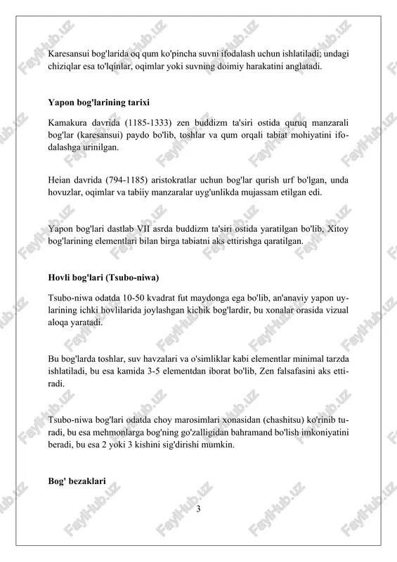 rli jihatlarini ifodalaydi. koi baliqlari yapon bog'larida qat'iyatlilik va muvaffaqiyat timsoli sifatida qaraladi. legendaga ko'ra, koi sariq daryoni suzib o'tib, ajdarhoga aylangan. sayr qilish bog'lari (kaiyū-shiki) kaiyū-shiki bog'larining dizayni odatda 'kakushigake' texnikasini o'z ichiga oladi, bu erda manzara elementlari ko'zdan yashiriladi va keyin kutilmaganda ochiladi, bu esa kashfiyot hissini yaratadi. bu bog'larda ko'pincha 'minomono' deb ataladigan mashhur manzaralarning kichiklashtirilgan versiyalari mavjud bo'lib, bu tashrif buyuruvchilarga yaponiyaning turli go'zalliklarini bir joyda ko'rish imkonini beradi. kaiyū-shiki bog'larida sayr qilish yo'laklari asosiy element bo'lib, tashrif buyuruvchilarga ko'l atrofida yoki bog'ning ichki qismida turli xil manzaralarni kashf etish imkonini beradi. yapon bog'lariga kirish ko'pgina yapon bog'larida suv mavjud, masalan, hovuzlar yoki oqimlar. ular poklanishni ifodalaydi va ko'pincha 3 ta asosiy element: suv, toshlar va o'simliklardan iborat bo'ladi. yapon bog'larida toshlar muhim rol o'ynaydi, ular tog'lar, suv oqimlari va hatto hayvonlarni ramziy qiladi, 3 dan 7 tagacha tosh ishlatiladi va ularning joylashuvi katta ahamiyatga ega. …