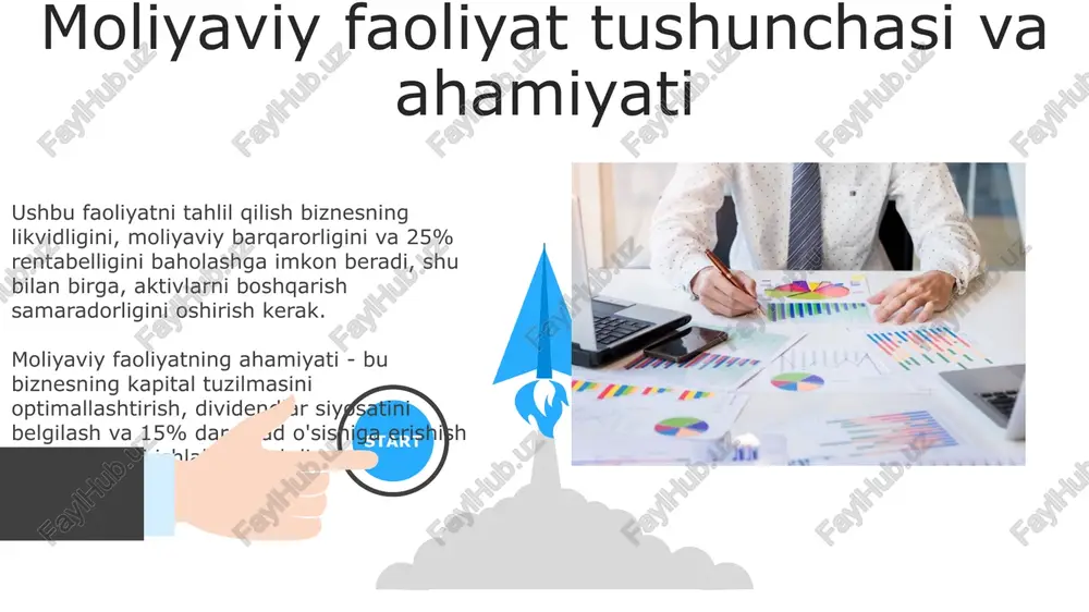 ligini oshirish uchun qisqa muddatli aktivlarni (masalan, inventar) tezda pulga aylantirish, debitorlik qarzlari yig'ilishini tezlashtirish va overdraftlardan foydalanish zarur. rentabellikni oshirish uchun xarajatlarni kamaytirish (masalan, ishlab chiqarish xarajatlari 10% ga qisqartirish), sotuv hajmini ko'paytirish va narxlarni optimallashtirish kabi strategiyalarni qo'llash kerak. 06 05 04 koeffitsientlar tahlili: likvidlilik koeffitsientlari 01 02 joriy likvidlik koeffitsienti (joriy aktivlar / joriy majburiyatlar) kompaniyaning qisqa muddatli majburiyatlarini qoplash qobiliyatini baholaydi, odatda 2:1 nisbat maqbul hisoblanadi, lekin sanoatga qarab farq qiladi. tez likvidlik koeffitsienti (tezkor aktivlar / joriy majburiyatlar) inventarni chiqarib tashlaydi, kompaniyaning zudlik bilan majburiyatlarini qoplash qobiliyatini o'lchaydi; 1:1 ko'rsatkichi odatda yaxshi hisoblanadi. koeffitsientlar tahlili: aktivlardan foydalanish samaradorligi koeffitsientlari asosiy vositalarning aylanuvchanlik koeffitsienti aktivlardan foydalanishni baholaydi, sotish hajmini asosiy vositalarning oʻrtacha qiymatiga boʻlish orqali oʻlchanadi, yuqori qiymat samaradorlikni koʻrsatadi. inventarizatsiya aylanmasi omborlarning sotilish tezligini aniqlaydi. sotilgan mahsulot tannarxini oʻrtacha inventarizatsiya qiymatiga boʻlish orqali hisoblanadi, yuqori koʻrsatkich inventarizatsiya boshqaruvining samaradorligini ifodalaydi. moliyaviy tahlil dasturlari va vositalari …