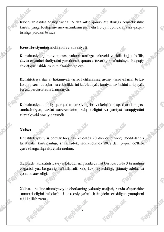 hisobot berish majburiyatini belgilaydi va shaffoflikni ta'minlaydi. senatning hududiy vakillik roli kuchaytirildi, 102-modda mahalliy manfaatlar milliy qonunchilikda aks etishini ta'minlashga qaratilgan muhim o'zgarishdir. sud-huquq sohasidagi islohotlar jinoyat protsessual kodeksiga kiritilgan o'zgartishlar orqali gumonlanuvchining himoyalanish huquqi kuchaytirildi, advokat ishtiroki ta'minlanishi muhim ahamiyatga ega. 2017-yilda "ma'muriy sud ishini takomillashtirish to'g'risida"gi qonun qabul qilinib, sudlarning fuqarolar huquqlarini himoya qilishdagi roli oshirildi. 2018-yilda "korruptsiyaga qarshi kurashish to'g'risida"gi qonun bilan mansabdor shaxslarning deklaratsiyalari e'lon qilinishi, shaffoflikni oshirishga qaratilgan muhim qadam bo'ldi. konstitutsiyaviy islohotlarning ahamiyati va istiqbollari konstitutsiyaviy islohotlar davlat boshqaruvida xalq rolini oshiradi, mahalliy o'zini o'zi boshqaruv organlarining vakolatlarini 30% ga kengaytirish orqali fuqarolar manfaatlarini ta'minlaydi. yangi konstitutsiya 65%dan ortiq yangi moddalar bilan inson huquqlari va erkinliklarini himoya qilishga qaratilgan, jumladan, mulk daxlsizligini kafolatlash va adolatli sudlovni ta'minlash. islohotlar natijasida davlat ijtimoiy siyosatini kuchaytirish, kam ta'minlangan oilalarga 2 barobar ko'proq yordam ko'rsatish va ta'lim sohasiga 25% ko'proq investitsiya kiritish rejalashtirilgan. ijro hokimiyatining samaradorligini oshirish ijro …