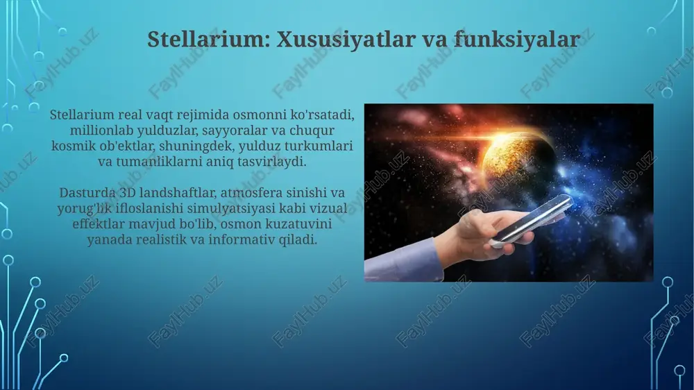 i vizuallarni real vaqt rejimida taqdim etib, virtual astronomik sayohatlarni amalga oshirish mumkin bo'ladi. ar qurilmalari bilan integratsiyalashgan skysafari va stellarium kabi mobil ilovalar astronomik ta'limni yangi interaktiv darajaga olib chiqib, ma'lumotlarni vizual tarzda taqdim etadi. kirish kirish ko'rsatkichi 1 dan 5 gacha bo'lgan shkala bo'yicha baholanadi, 1 eng yaxshi ko'rish imkoniyatini (minimal buzilish), 5 esa yomon ko'rish imkoniyatini (jiddiy buzilish) ko'rsatadi, bu esa kuzatuv sifatiga ta'sir qiladi. astronomik kuzatuvlar uchun atmosfera kirishi muhim omil hisoblanadi, ayniqsa yuqori kattalashtirishda yoki kichik, xira ob'ektlarni (masalan, galaktikalarni) kuzatishda, bu aniqlikni kamaytiradi. ar bilan boyitilgan astronomiya darslari uchun misollar ar yordamida quyosh sistemasining 8 ta sayyorasini 3d formatda o'rganish, ularning hajmini, massasini va quyoshdan uzoqligini taqqoslash mumkin. ar yulduz turkumlari ilovasi yulduzlarni bog'lab, mifologik hikoyalarni vizuallashtiradi, masalan, orion yulduz turkumini topish va uning afsonasini bilish. o'qituvchilar uchun qo'llanma: darslarda ilovalardan foydalanish oʻqituvchilar qoʻllanmada ilovalarni oʻquv rejasiga moslashtirish, baholash mezonlarini shakllantirish, talabalarning 95% faol …