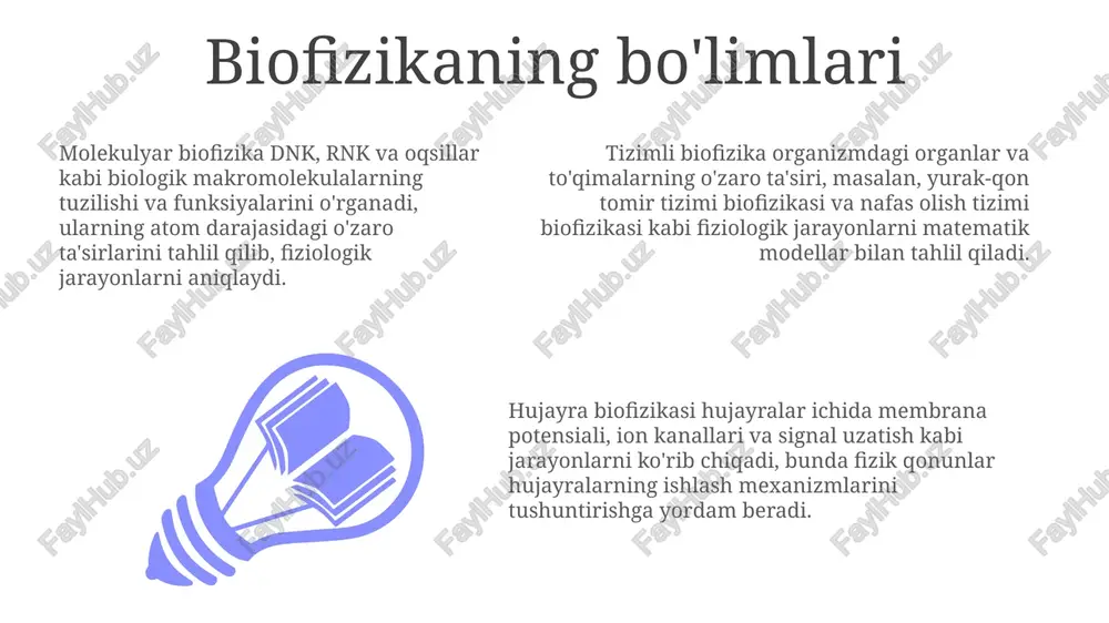 kulalarning strukturasini, dinamikasini va o'zaro ta'sirini o'rganadi, masalan, oqsilning bukilishi va dnk replikatsiyasi jarayonlari. ushbu soha, masalan, rentgen nurlari kristallografiyasi, yadro magnit rezonansi (nmr) spektroskopiyasi va elektron mikroskopiyasi kabi usullar yordamida molekulyar tuzilmani aniqlashga qaratilgan. e'tiboringiz uchun rahmat @taqdimot_robot image1.jpeg image2.jpeg image3.jpeg