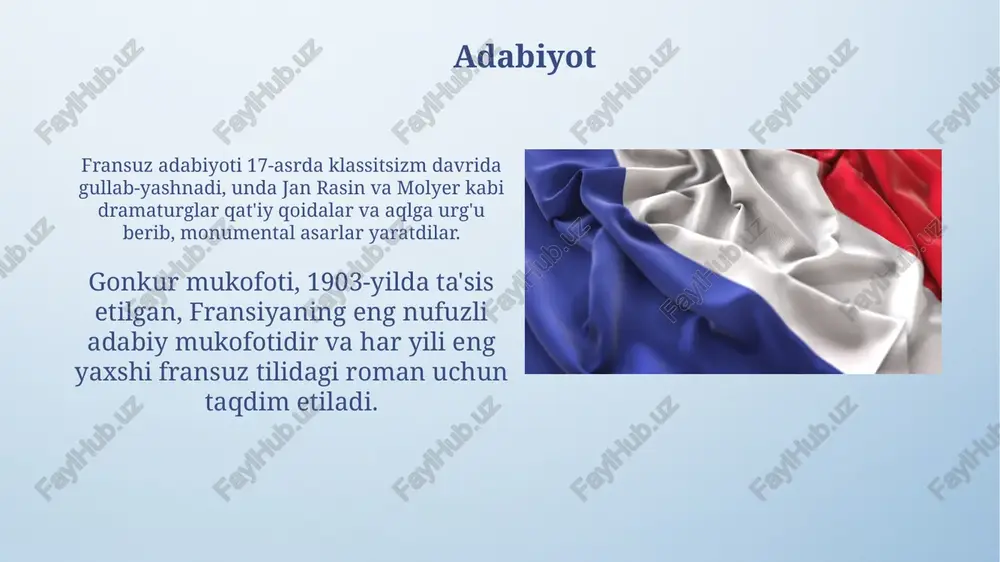 o'lgan. madaniyat fransuz madaniyati 17-asrda, ayniqsa lui xiv davrida, san'at, adabiyot va me'morchilik evropada hukmron kuchga aylanganida gullab-yashnadi. gastronomiya fransiya madaniyatining asosiy qismidir, 3 michelin yulduzli restoranlari va 100 dan ortiq mintaqaviy pishloq navlari bilan mashhur bo'lgan oshpazlik merosini namoyish etadi. iqtisodiyot fransiya yevropa ittifoqining asosiy iqtisodiy quvvatlaridan biri bo'lib, 2023-yilda yalpi ichki mahsuloti (yaim) 3 trillion dollardan oshdi. bu jahon miqyosida yetakchi o'rinlardan birini egallaydi. fransiyada sanoatning muhim tarmoqlari avtomobilsozlik, aerokosmik sanoat va farmatsevtika hisoblanadi. masalan, renault va peugeot kabi avtomobil ishlab chiqaruvchilar yiliga millionlab dona transport vositalarini ishlab chiqaradi. iqlim togʻli hududlar, xususan alp togʻlari va pireney togʻlari, qattiq qishga ega, qor qoplami dekabrdan aprelgacha saqlanib, baʼzi joylarda 0 gradusdan past harorat kuzatiladi. oʻrta yer dengizi sohillari issiq va quruq yozga ega, oʻrtacha harorat iyul oyida 25-30 darajaga yetadi, qish oylari esa moʻtadil va 10-12 darajada boʻladi. siyosat fransiya respublikasi siyosati yarim prezidentlik respublika boʻlib, unda prezident davlat …