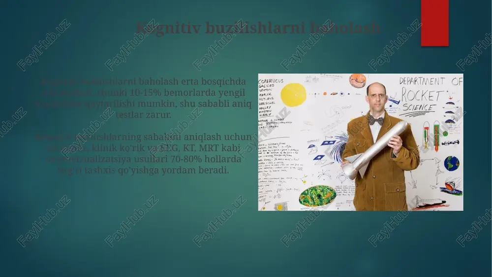 itiv moslashuv 35% gacha natijalarni yaxshilaydi. fikrlash, davolash rejasini tuzishda bemorning individual ehtiyojlarini hisobga olish imkonini beradi. standart protokollarni 70% hollarda moslashtirish yaxshi natijalarga olib keladi. kognitiv xulq-atvor terapiyasi (kxt) va narkologiya kxt davolashda giyohvand moddalarni iste'mol qilish bilan bog'liq bo'lgan 3 asosiy kognitiv buzilishlarni hal qilish muhim: istak, kutish va o'z-o'zini samaradorlikni baholash. kxt narkologik bemorlarga 5 ta asosiy ko'nikmani o'rgatadi: o'z-o'zini kuzatish, stimullarni nazorat qilish, muammolarni hal qilish, kognitiv qayta qurish va stressni boshqarish. narkologiyada fikrlashning ahamiyati kognitiv xatti-harakat terapiyasi (kxt) narkologiyada fikrlashni o'zgartirish orqali giyohvand moddalarga bo'lgan intilishni kamaytirishga qaratilgan bo'lib, relaps xavfini 30% ga kamaytiradi. narkologiyada fikrlash qobiliyati, bemorning 5 bosqichli motivatsion o'zgarish modelida o'zining zararli odatlarini anglash, qabul qilish va davolanishga kirishish qarorini qabul qilishda hal qiluvchi ahamiyatga ega. e'tiboringiz uchun rahmat @taqdimot_robot image7.jpg image8.jpg image9.jpg image10.jpg image11.jpg image12.jpg image13.jpg image14.jpg image15.jpg image16.jpg image17.jpg image18.jpg image1.png image2.png image3.png image4.png