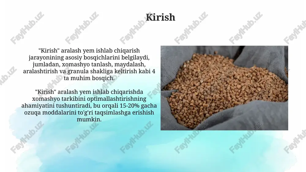 ikal aralashtirgichlar esa katta hajmlar uchun mos keladi. yemni saqlash sharoitlari yem xomashyosini saqlashda zararkunandalarga qarshi profilaktika choralari, masalan, insektitsidlar bilan ishlov berish yoki biologik usullar qo'llash, juda muhim, aks holda sifat pasayishi mumkin. saqlash joylarida yaxshi shamollatish tizimi bo'lishi kerak, chunki karbonat angidrid (co2) konsentratsiyasining ortishi yemning ozuqaviy qiymatini kamaytiradi va toksik moddalar hosil bo'lishiga olib kelishi mumkin. palatabellikni oshirish usullari fermentlangan mahsulotlar, masalan, achitilgan don yoki pishloq zardobi qo'shish, probiyotiklar bilan ta'minlab, ichak mikroflorasini yaxshilaydi va hazm bo'lishni osonlashtiradi. mol go'shtining 1-2% miqdorida qo'shilishi, aminokislotalar va ta'm beruvchi moddalar bilan boyitilgan holda, xushbo'ylikni oshirib, hayvonlarning ishtahasini sezilarli darajada yaxshilaydi. granulalash jarayoni granulalash jarayonida xom ashyo namligi 12-15% gacha yetkaziladi, bu esa bog'lovchi moddalar ta'sirini kuchaytirib, mustahkam granulalarni hosil qiladi va mahsulot sifatini oshiradi. bug' bilan ishlov berish granulalash oldidan xom ashyoning haroratini 70-80°c gacha ko'taradi, bu kraxmalni jelatlashtiradi va granulalar zichligini oshirib, hazm bo'lishini yaxshilaydi. palatabellikni aniqlash usullari …