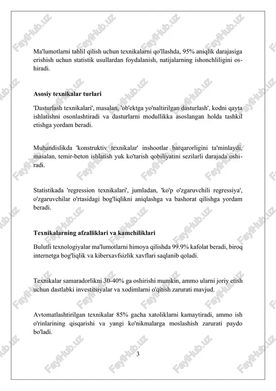 ng tushuntiriladigan (xai) usullari, masalan lime, murakkab modellar natijalarini oydinlashtiradi, qarorlarni tushunarli qilib, aniqligini 95% gacha oshiradi. texnikalarni tanlash texnikalarni tanlashda 7 ta asosiy omilni hisobga olish kerak: maqsad, byudjet, tajriba, mavjud resurslar, o'lchamlilik, xavfsizlik va 5-10 yillik istiqbolga ega bo'lish muhim. uskunalarni tanlashda roi (investitsiya rentabelligi) va tco (umumiy egalik qiymati) kabi 2 ta muhim ko'rsatkichni tahlil qilish kerak, shunda foyda va xarajat oqilona baholanadi. texnikani tanlash jarayonida 3 ta qadamni bosib o'tish lozim: ehtiyojlarni aniqlash, mavjud 4-5 ta alternativalarni baholash va eng mos keladigan texnikani tanlash kerak. ilg'or texnikalar kvant hisoblash texnologiyasi, quvvatni oshirish orqali murakkab muammolarni hal qilish uchun kvant bitlaridan (qubitlar) foydalanadi, bu esa hozirgi superkompyuterlardan 1000 barobar tezroq bo'lishi mumkin. genom tahrirlash texnologiyalari, masalan crispr-cas9, dnk ketma-ketligini aniq o'zgartirish imkonini beradi, bu esa irsiy kasalliklarni davolashda katta yutuq bo'lib, aniqlik darajasi 95% dan ortiq. sun'iy intellekt (si) va mashinalarni o'rganish (mo) algoritmlari katta hajmdagi ma'lumotlarni …