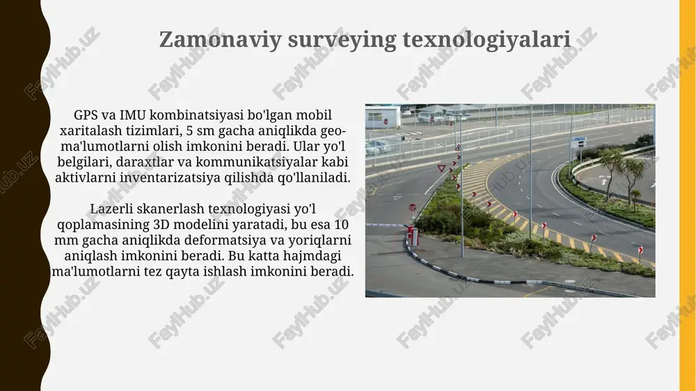 ruvlar, chuqurlikni o'lchash va qoplamaning buzilishini aniqlash uchun georadar (gpr) ma'lumotlarini tahlil qilishni qamrab oladi. infraqizil termografiya, kamera tasvirlari va spektral analiz kabi masofadan zondlash tadqiqot usullari ko'chalarning holatini baholash va xaritalash uchun juda muhimdir. xarita tuzish xarita tuzishda gps texnologiyalari muhim rol o'ynaydi, koordinatalarni yuqori aniqlikda aniqlash va 3d modellashtirish imkoniyatini beradi, bu esa yo'l qatlamining sifatini baholashga yordam beradi. gis (geografik axborot tizimi) texnologiyalari yo'l ma'lumotlarini vizuallashtirish, tahlil qilish va boshqarish uchun ishlatiladi, bu yo'llarni rejalashtirish va ularni saqlash xarajatlarini optimallashtiradi. an'anaviy surveying usullari levelirlashda nuqtalarning balandlik farqini aniqlash uchun optik levelirlardan foydalanilgan. bu usul millimetrlik aniqlikda vertikal o'lchash imkoniyatini bergan. an'anaviy surveyingda gorizontal burchaklarni o'lchash uchun teodolitlar ishlatilgan. bu usul yuqori aniqlikni ta'minlab, 1 gradusdan kamroq xatolikka erishish imkonini bergan. maqsadlar va vazifalar maqsad - yo'l qoplamasining buzilish darajasini (masalan, 2-toifali yoriqlar) va ularning joylashuvini 1 metrdan kam aniqlikda belgilash orqali yo'l sifatini aniq baholashdir. xaritalash orqali …