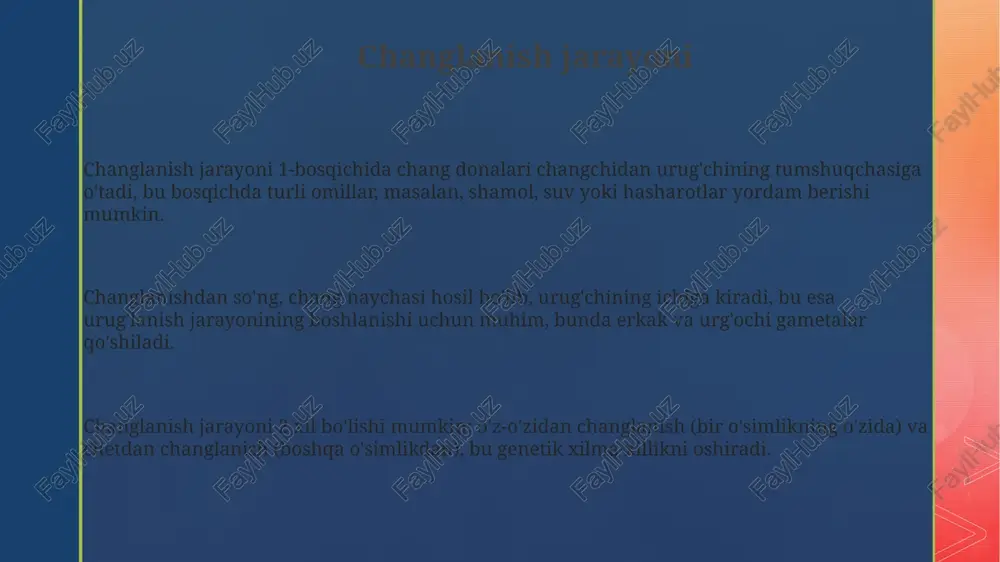 bu ularga har xil changlatuvchilarni, masalan, hasharotlar, qushlar va hatto sutemizuvchilarni jalb qilish imkonini beradi. gullarda changlanish mexanizmlari xilma-xildir, o'z-o'zidan changlanishdan tortib, shamol yoki hayvonlar yordamida o'zaro changlanishgacha, bu genetik xilma-xillikni ta'minlaydi. e'tiboringiz uchun rahmat @taqdimot_robot image1.png image2.png