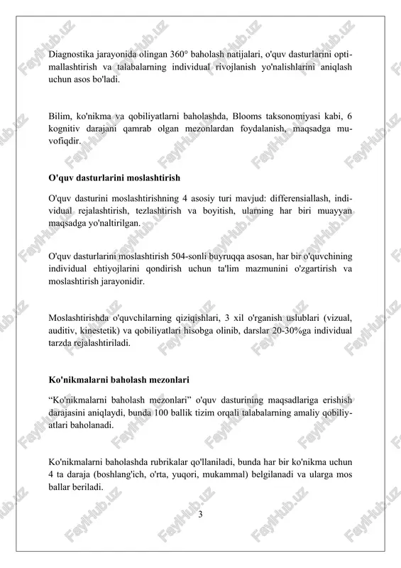 aif tomonlarini aniqlaydi. so'ngra, muammolarni hal qilish uchun shaxsiy darslar va qo'shimcha topshiriqlar beriladi. ushbu traektoriyalar, 7/24 onlayn resurslar va shaxsiy murabbiylik orqali, o'quvchilarning 80% bilim darajasini oshirishga qaratilgan moslashuvchan ta'lim strategiyasini qo'llaydi. individual ta'lim traektoriyalari 100% talabaning qobiliyatini hisobga olib, o'quv rejasini moslashtiradi. bu, har bir o'quvchi uchun noyob o'qish maqsadlariga erishish uchun zarur. monitoring va baholash tizimini yaratish baholash mezonlarini aniq belgilash, har bir o'quv predmetining o'ziga xos xususiyatlariga mos keladigan 100 ballik tizim yoki boshqa raqamli ko'rsatkichlar yordamida o'lchash. o'quvchilarning bilim darajasini muntazam ravishda baholash uchun testlar, loyihalar va amaliy topshiriqlar kabi turli xil usullardan foydalanish, har chorakda kamida 3 marta o'tkazish. baholash natijalarini tahlil qilish va o'quvchilarga individual yordam ko'rsatish, kamida 70 balldan past natija ko'rsatganlar uchun qo'shimcha darslar tashkil etish. ilmiy-metodik ta'minot ilmiy-metodik ta'minotga kiritilgan har bir element (masalan, test topshiriqlari, keyslar) o'quv dasturining maqsadlariga muvofiq 5 ta ekspert tomonidan ko'rib chiqiladi. ilmiy-metodik ta'minot o'quv …
