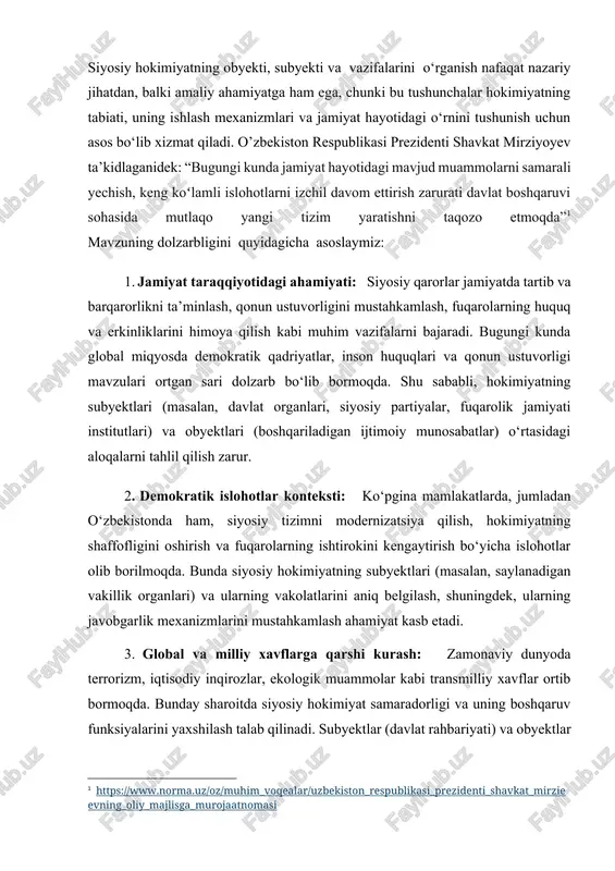 ‘rganish orqali zamonaviy davlat boshqaruvi tamoyillarini tushunish imkoniyati hosil bo‘ladi. kurs ishining maqsadi. “siyosiy qarorlar” tushunchasi, uning mazmun-mohiyati, obyekti va subyekti o‘rtasidagi munosababatlarni tahlil etish va tadqiq etishdan iboratdir. kurs ishining vazifalari. ushbu kurs ishining asosiy maqsadga yo‘naltirilgan vazifalari quyidagicha: -siyosiy qarorlar tushunchasi va uning tabiatini ochib berish; -hokimiyat haqidagi yondashuvlar va ta’sir resurslarini o‘rganish; -“siyosiy qarorlar”tushunchasi va tamoyillarini tadqiq etish; -siyosiy qarorlarning xususiyatlari va ko‘rinishlarini tahlil qilish; -siyosiy qarorlarning jamiyatga ta'sirini o‘rganish; -siyosiy fikrlarning asosiy vazifalarini tahlil qilish. kurs ishining obyekti. siyosiy qarorlarning ijtimoiy hayotdagi barcha ko‘rinishlari, uning boshqaruv mexanizmlari va jamiyatning turli sohalariga ta’siri o‘rganiladi. kurs ishining predmeti. siyosy qarorlarning tuzilishi, uning subyektlar va obyektlari o‘rtasidagi munosabatlar,shuningdek hokimiyatning asosiy vazifalari va funksiyalarining amaliy namoyon bo‘lish shakllari tahlil qilinadi. birinchi bob. liderning siyosiy tomonlama ideal yondashuvi 1.1. siyosiy liderga xos bo'lgan xususiyatlar siyosatshunoslik tez-tez boshqa ijtimoiy fanlardagi ilmiy yangiliklardan foydalanib turadi, ammo bir xususiyat uni boshqa fanlardan ajratib turadi …