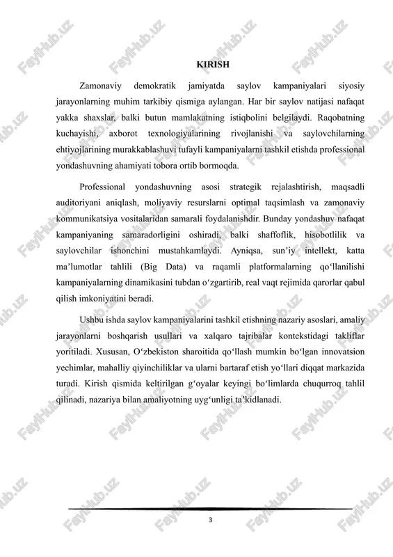 chrashuvlar uchun qanday resurslar sarflanishini oldindan belgilash zarur. strategik rejalashtirish resurslarni maksimal samaradorlikda taqsimlashga yordam beradi. 3. risklarni tahlil qilish va oldini olish: saylov kampaniyasida turli risklar va noxush holatlar yuzaga kelishi mumkin. bu siyosiy, iqtisodiy, ijtimoiy yoki texnologik o‘zgarishlar bilan bog‘liq bo‘lishi mumkin. strategik rejalashtirish orqali ushbu risklar oldindan baholanadi va ularga qarshi chora-tadbirlar ishlab chiqiladi. 4. rejalashtirish va monitoring: kampaniya davomida strategik rejalashtirish nafaqat boshlang‘ich bosqichda, balki kampaniya jarayonida ham amalga oshiriladi. monitoring va tahlil tizimlari orqali rejalashtirilgan maqsadlarga erishish darajasi kuzatib boriladi. agar maqsadlarga erishishda qiyinchiliklar yuzaga kelsa, reja tezda tuzatiladi va kerakli o‘zgarishlar kiritiladi. saylov kampaniyasining strategik rejalashtirishida bir nechta metodlar va usullar qo‘llaniladi. ushbu metodlar yordamida saylov kampaniyasining muvaffaqiyatli o‘tishi uchun asosiy yo‘nalishlar va harakatlar rejalari aniqlanadi. 1. swot tahlili: swot tahlili (strengths, weaknesses, opportunities, threats — kuchli tomonlar, zaif tomonlar, imkoniyatlar, tahdidlar) kampaniya strategiyasini shakllantirishda eng ko‘p ishlatiladigan metodlardan biridir.[footnoteref:2] bu metod yordamida saylov …