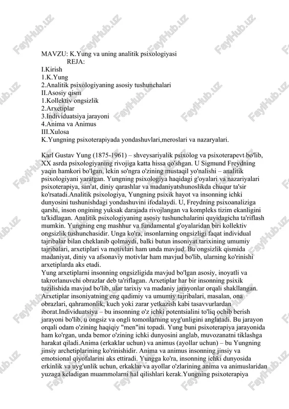 rini ilgari surdi. yungning o'ziga xos metodlari, arxetiplar va individuasiyaga bo'lgan yondashuvi, psixologiya va psixoterapiya sohasida eng muhim meroslaridan biri sifatida qabul qilinadi. foydalanilgan adabiyotlar ro'yxati: 1 yung, c. g. (1964). man and his symbols. london: aldus books. 2.yung, c. g. (1953). psychological aspects of the religious experience. princeton university press. 3.van der post, l. (1998). jung and the story of our time. london: routledge. 4.the portable jung (2000). edited by joseph campbell. new york: viking press. 5.hinkle, j. s. (1987). the concept of the collective unconscious in jungian psychology. new york: harper & row. 6.jung, c. g. (1971). psychological types. princeton university press. 7.fordham, m. (1976). the life of c.g. jung. princeton university press. 8.edwards, m. (1990). jung's theory of personality. london: routledge. 9.hall, c. s., & lindzey, g. (1985). theories of personality. new york: john wiley & sons. 10.singer, j. (1994). boundaries of the soul: the practice of …
