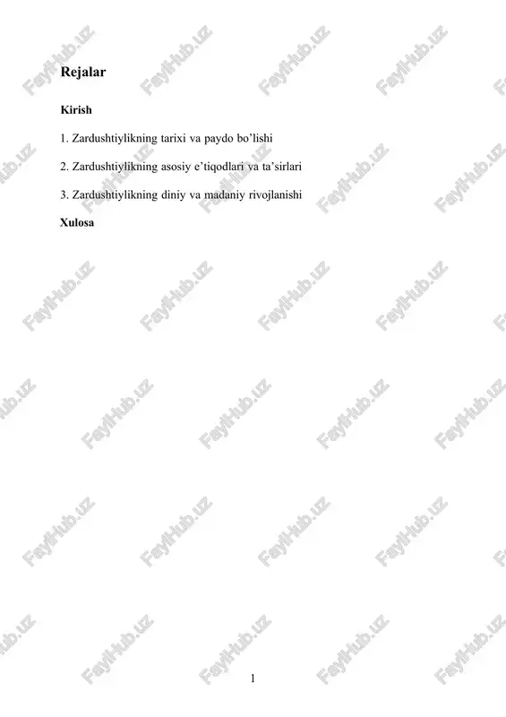 iga tayanadi. bu tushunchalar orqali din insonni o’z hayotida ma’naviy poklikka va adolatga erishishga yo’naltiradi. zardushtiylik, yoki zoroastrianizm, miloddan avvalgi taxminan 1500-1200 yillarda eramizdan avvalgi o’rta osiyo hududlarida paydo bo’lgan diniy-etnik tizim hisoblanadi. bu dinning asosiysi zardusht (zoroaster) nomli payg’ambar tomonidan yaratilgan va u yashagan zamonlarda an’anaviy polyteistik e’tiqodlarga qarshi monoteistik yondashuv sifatida shakllangan. zardushtiylikda asosiy e’tibor yaxshilik va yomonlik o’rtasidagi doimiy kurashga qaratiladi, bu kurash insonning hayoti, axloqi hamda erkin irodasi bilan bog’liq deb hisoblanadi. ushbu din, ayniqsa, eronning qadimgi madaniyati va sivilizatsiyasiga katta ta’sir ko’rsatdi, zardushtiylikning tarixi va paydo bo’lishi 3 uning qadriyatlari va amaliyotlari eramizdan oldingi asrlardan boshlab ko’p yillar davomida shakllanib bordi. zardushtiylikning madaniy ta’siri qadimgi fors imperiyalari, jumladan ahamaniylar va eron imperiyasining boshqa davrlarida chuqur namoyon bo’ldi. bu dinni e’tiqod qilgan jamiyatlarda adolat, halollik, va e’tiqodiy erkinlik kabi tushunchalar rivojlandi. zardushtiylik ta’limoti orqali insonning axloqiy javobgarligi va ishlab chiqarishda muvozanat saqlashning ahamiyati oshdi, bu esa …