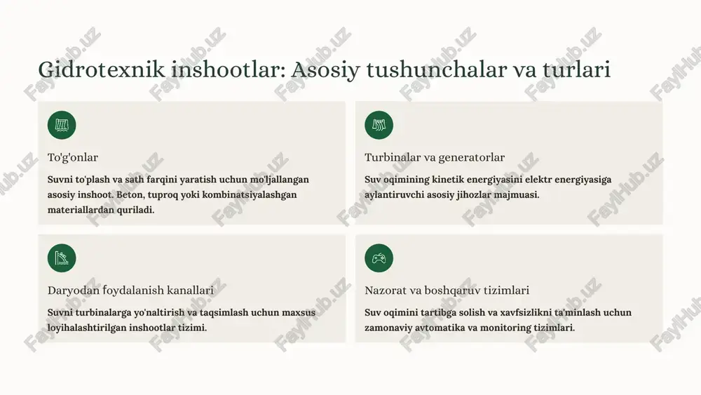 tda ishga tushirilishi va elektr tarmog'iga ulanishi rejalashtirilgan. gidrotexnik inshootlarning xavfsizligi va monitoring zamonaviy monitoring tizimlari o'zbekistonda barcha yirik va o'rta gidroelektrostansiyalar zamonaviy monitoring tizimlari bilan jihozlanmoqda. bu tizimlar to'g'on holati, suv bosimi, deformatsiya va tebranishlarni 24/7 nazorat qiladi. xavfsizlik standartlari barcha yangi va rekonstruksiya qilinadigan ob'ektlar xalqaro xavfsizlik standartlariga muvofiq loyihalanadi. icold (xalqaro to'g'onlar bo'yicha komissiya) tavsiyalari qat'iy amalga oshiriladi. doimiy deformatsiya o'lchovi seysmik faollik monitoringi gidrometrik ma'lumotlarni to'plash favqulodda holatlarga avtomatik javob tizimi muntazam texnik ko'riklar va diagnostika ekologik jihatlari va barqaror rivojlanish baliq o'tkazgichlari yangi geslarda baliqlarning migratsiyasini ta'minlash uchun maxsus o'tkazgichlar loyihalanmoqda. bu biologik xilma-xillikni saqlashga yordam beradi. suv sifatini nazorat qilish barcha ob'ektlarda doimiy suv sifati monitoringi olib boriladi. ekologik standartlarga qat'iy rioya qilinadi. landshaft tiklanishi suv omborlari atrofida ko'kalamzorlashtirish va eroziyaga qarshi tadbirlar amalga oshiriladi. o'zbekiston gidroenergetika loyihalarida ekologik barqarorlikka alohida e'tibor qaratadi. har bir loyiha ekologik ekspertizadan o'tkaziladi va atrof-muhitga ta'sirni minimallashtirish choralari …