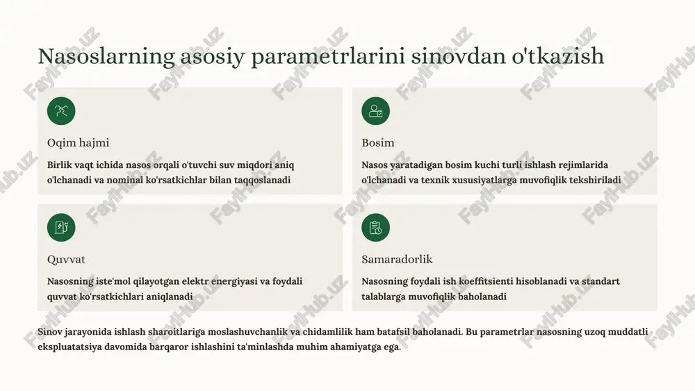 kiritilish burchagi 0-15° oralig'ida bo'lganda energiya yo'qotilishi minimal darajaga tushadi va nasos samaradorligi maksimal ko'rsatkichga erishadi. 25% samaradorlik o'sishi optimal parametrlarni qo'llash orqali nasosning umumiy samaradorligi 25% gacha oshirildi 18% energiya tejash optimallashtirilgan konstruksiya energiya sarfini 18% gacha kamaytirish imkonini berdi zamonaviy sinov usullari va raqamli modellashtirish 01 dasturiy ta'minot yordamida modellashtirish ansys cfx, comsol multiphysics va boshqa zamonaviy dasturiy ta'minot yordamida oqim va bosim parametrlarini oldindan modellashtirish mumkin. bu texnologiya nasos konstruksiyasini optimallashtirish va sinov vaqtini qisqartirish imkonini beradi. 02 virtual sinov muhiti yaratish raqamli modellar yordamida real sharoitlarni virtual muhitda qayta yaratish va turli ekspluatatsiya rejimlarini simulyatsiya qilish mumkin. bu jismoniy sinov o'tkazishdan oldin mumkin bo'lgan muammolarni aniqlash imkonini beradi. 03 natijalarni real sharoitlarga moslashtirish virtual va real sinov natijalarini taqqoslash orqali modelning aniqligi tekshiriladi va kerakli tuzatishlar kiritiladi. hisob-kitoblar va eksperimental ma'lumotlar o'rtasida 95% gacha moslik ta'minlanadi. zamonaviy raqamli texnologiyalar sinov jarayonini tezlashtiradi, xarajatlarni kamaytiradi va natijalarning …
