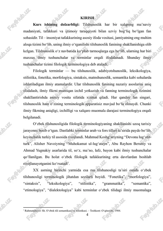 gmatik yo‘nalishlarga bo‘linadi. har bir yo‘nalish o‘zining mustaqil terminlar tizimiga ega. masalan, leksikologiyada — leksema, sinonim, antonim, semema, fonetikada — fonema, urg‘u, intonatsiya, transkripsiya, morfologiyada — morfema, suffiks, prefiks, qo‘shimcha, sintaksisda — ega, kesim, hol, qo‘shma gap kabi terminlar ishlatiladi. filologik terminlar tizimi nafaqat fan sohasidagi tushunchalarni belgilaydi, balki ilmiy tafakkur madaniyatini ham shakllantiradi. ilmiy tildagi aniqlik, izchillik va mantiqiylik terminlarning to‘g‘ri tanlanishi va ishlatilishiga bevosita bog‘liqdir. shu sababli, filologik terminlarning ilmiy asosda tasniflanishi va ularning o‘zbek tilidagi muqobillarini aniqlash bugungi tilshunoslikning dolzarb masalalaridan biri hisoblanadi. mazkur mavzuning dolzarbligi shundan iboratki, hozirgi global ilmiy muhitda milliy terminologiyaning yagona me’yorga ega bo‘lishi, xalqaro terminlar bilan uyg‘unlashgan holda ishlatilishi zarurdir. terminologik nomuvofiqlik ilmiy nutqning aniqligiga putur yetkazadi. shu bois o‘zbek tilshunosligida filologik terminlarni tizimlashtirish, ularning manbalarini, semantik mohiyatini, milliy muqobillarini aniqlash ilmiy ahamiyatga ega. kurs ishining maqsadi — o‘zbek tilshunosligida filologik terminlarning shakllanishi, rivojlanish bosqichlari, ilmiy tasnifi va milliylashuv jarayonlarini tahlil qilishdir. …