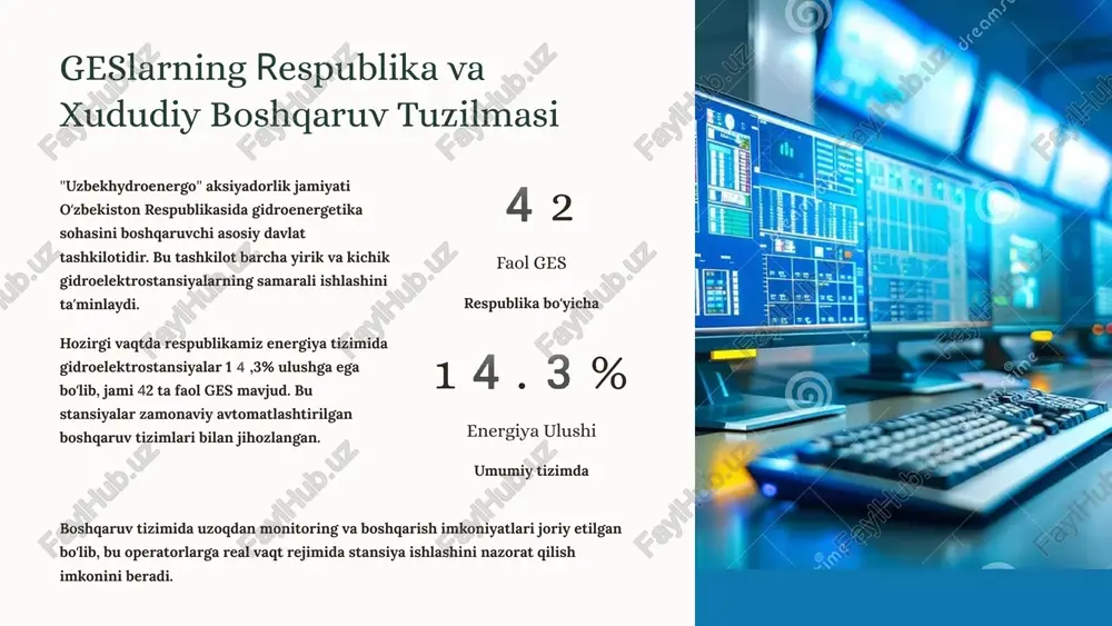 entsial energiya shaklida saqlanadi kunduzgi vaqt yuqori yuklanish davrida suv turbinalar orqali tushirilib, elektr energiyasi ishlab chiqariladi samaradorlik energiya tizimining moslashuvchanligi va barqarorligi taʼminlanadi sirdaryo va boshqa yirik energetika tizimlarida gaes texnologiyasi qoʻllanilmoqda. bu tizim yoqilgʻi sarfini kamaytirish va energiya samaradorligini 20-30% gacha oshirishga imkon beradi. geslarda ekspluatatsiya va texnik holat gidroelektrostansiyalarning ishonchli va samarali ishlashini taʼminlash uchun zamonaviy texnologiyalar va ilgʻor texnik yechimlar joriy etilmoqda. 1 zamonaviy texnologiyalar ges inshootlarining ishonchliligi va samaradorligini oshirish maqsadida avtomatlashtirilgan nazorat tizimlari, raqamli monitoring va masofaviy diagnostika vositalari joriy etilmoqda. 2 himoya tizimlari sinxron generatorlarning uzluksiz va ishonchli ishlashi uchun maxsus releyli himoya, avtomatik boshqaruv va favqulodda vaziyatlarda tezkor javob berish tizimlari ishlab chiqilgan. 3 gidravlik tadqiqotlar tuyamuyun gidroelektr kompleksining suv qabul qilish inshootlari boʻyicha chuqur gidravlik tadqiqotlar olib borilmoqda. bu tadqiqotlar eroziyani kamaytirish va samaradorlikni oshirishga yordam beradi. 4 profilaktik texnik xizmat muntazam texnik koʻriklar, diagnostika va rejalashtirilgan ta'mirlash ishlari orqali avarialarning …