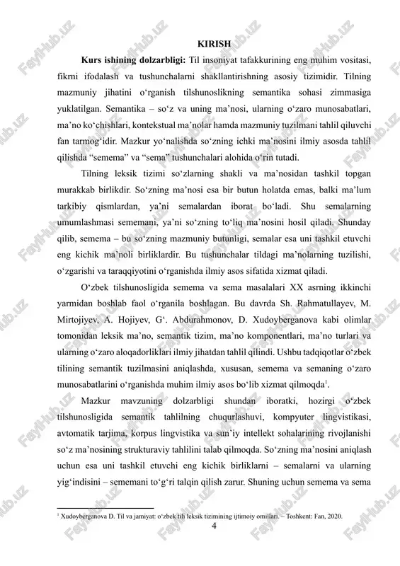 ing nazariy va amaliy ko‘rinishlari. metodologik asos sifatida struktur tilshunoslik, semantik tahlil, komponent tahlil, qiyosiy-semantik yondashuv va kontekstual tahlil usullari qo‘llaniladi. mazkur kurs ishining ilmiy yangiligi shundan iboratki, unda o‘zbek tilining semantik tizimi zamonaviy tilshunoslik yondashuvlari asosida tahlil qilinadi, semema va semaning o‘zaro bog‘liqligi o‘zbek tilidagi aniq misollar yordamida ko‘rsatib beriladi. amaliy ahamiyati shundaki, bu ish natijalari o‘zbek tili semantikasi, leksikologiya va umumiy tilshunoslik fanlarini o‘qitishda, shuningdek, so‘z ma’nosini tahlil qilish, tarjima nazariyasi va leksik izohli lug‘atlar tuzishda qo‘llanilishi mumkin. umuman olganda, semema va sema munosabatlarini o‘rganish o‘zbek tilining semantik tizimini chuqurroq anglash, so‘z ma’nosining ichki qatlamlarini ochish, tilning konseptual va mantiqiy tuzilishini ilmiy asosda tahlil qilish imkonini beradi. shu sababli, mazkur mavzu o‘zbek tilshunosligining nazariy rivojida, tilning mazmuniy tizimini yanada mukammallashtirishda muhim ilmiy va amaliy ahamiyatga ega. kurs ishining tuzilishi kirish, ikki bob, har bobda ikki bo‘lim, xulosa va foydalanilgan adabiyotlardan iborat. i bob. semema va sema tushunchalarining nazariy …