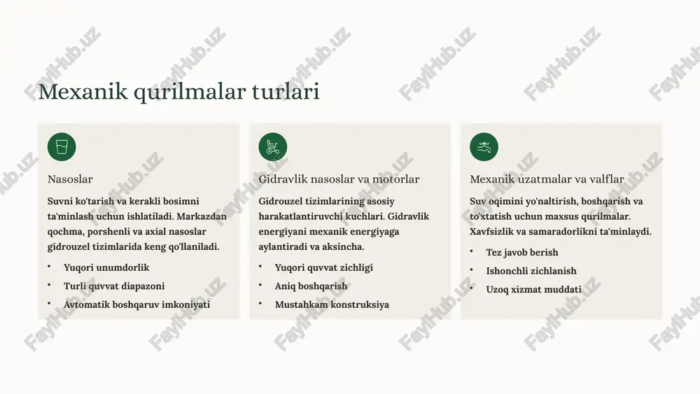 iya suv bosimining keskin pasayishi natijasida yuzaga keladi. bug' pufakchalari hosil bo'lib, nasos elementlarini buzadi. oldini olish uchun to'g'ri o'rnatish va doimiy monitoring zarur. 02 aşınma (yeyilish) uzluksiz ishlab turish natijasida mexanik qismlar eskiradi. loy, qum va boshqa qattiq zarralar yeyilishni tezlashtiradi. filtrlar va muntazam tozalash bu jarayonni sekinlashtiradi. 03 mexanik shikastlanishlar podshipniklar, muhrlar va rotor elementlarining nosozliklari. vibratsiya, noto'g'ri sozlash yoki haddan tashqari yuklanish tufayli yuzaga keladi. bunday shikastlanishlarni oldini olish uchun vaqtida texnik ko'riklar o'tkazish va kerakli ehtiyot qismlarni almashtirish muhimdir. shuningdek, qurilmaning ish rejimini to'g'ri sozlash va yuklarni nazorat qilish xizmat muddatini uzaytiradi.++ 04 profilaktika muntazam texnik ko'rik, moylash, sozlash va diagnostika orqali nosozliklarning oldini olish. o'zbekiston sharoitida zamonaviy texnologiyalarni joriy etish muhim ustunlik. shuningdek, malakali mutaxassislar tomonidan olib boriladigan xizmat ko'rsatishlar qurilmaning samaradorligini ta'minlab, favqulodda holatlarning oldini oladi. bu esa ishlab chiqarish jarayonining uzluksizligini kafolatlaydi. texnik xizmat ko'rsatishning o'z vaqtida amalga oshirilishi qurilmalarning xizmat muddatini 2-3 …