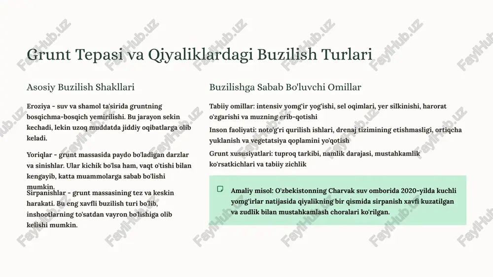t-qum aralashmasi (nisbati 1:2) polimerli qo'shimchalar bilan boyitildi va 80-120 bar bosim ostida gruntga kiritildi. 3 amalga oshirish ish 3 oyda bajarildi. jami 45 ta in'ektsiya nuqtasi orqali 12 tonna aralashma yuborildi. jarayon minimal vibratsiya bilan amalga oshirildi, bu tarixiy devor va bezaklarni saqlashga imkon berdi. 4 erishilgan natijalar poydevor ko'tarish qobiliyati 40% oshdi, yoriqlarning 95% yopildi. 5 yillik monitoring davomida hech qanday yangi deformatsiya kuzatilmadi. loyiha o'zbekiston arxitektura merosi saqlashda namunali misol bo'ldi. 40% ko'tarish qobiliyati oshishi 95% yopilgan yoriqlar 5 monitoring yillari 12t ishlatilgan aralashma zamonaviy texnologiyalar samarasi in'ektsiya jarayoni zamonaviy in'ektsiya uskunalari kompyuter boshqaruviga ega bo'lib, bosim, oqim tezligi va aralashma tarkibini aniq nazorat qilish imkonini beradi. bu jarayon bir necha bosqichda amalga oshiriladi: burg'ulash va tozalash in'ektsiya naychalarini o'rnatish aralashma tayyorlash va sifatini tekshirish bosqichma-bosqich in'ektsiya amalga oshirish qotish va qattiqlik nazorati mustahkamlangan grunt in'ektsiya qilingan grunt xususiyatlari sezilarli darajada yaxshilanadi: siqilishga chidamlilik 2-3 baravar oshadi …