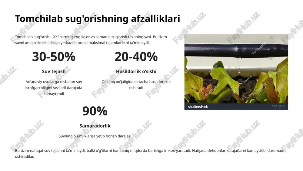 suv bosimining notekisligi sug'orish tarmog'ida suv bosimining bir xil bo'lmasligi ba'zi joylarda suvning ortiqcha sarflanishiga, boshqa joylarda esa yetarli bo'lmasligiga olib keladi. bu holat ekin sifatiga salbiy ta'sir ko'rsatadi va umumiy samaradorlikni pasaytiradi. suv oqimi va oqishlarining nazoratsizligi ko'pgina fermer xo'jaliklarida suv sarfi va oqishlarni muntazam nazorat qilish tizimi yo'q. bu suv isrofgarchiligini aniqlay olmaslik va o'z vaqtida chora ko'ra olmaslikka olib keladi. monitoring tizimlarining yo'qligi muammoni yanada kuchaytiradi. zamonaviy texnologiyalar yordamida suv tejash raqamli texnologiyalar sug'orish tizimlarini tubdan o'zgartirib yubormoqda. aqlli tizimlar orqali har bir tomchi suvni nazorat qilish va tejash imkoniyati paydo bo'ldi. avtomatik bosim nazorati maxsus tizimlar orqali suv bosimini avtomatik ravishda tartibga solish aqlli sensorlar tuproq namligi va havo sharoitlarini real vaqtda o'lchash real vaqt monitoringi suv oqimini doimiy kuzatib borish va ma'lumotlarni tahlil qilish aqlli nazorat tizimlari.suv isrofgarchiligiga barham beramiz zamonaviy sensorlar va monitoring tizimlari sug'orish tarmog'idagi har bir oqimni nazorat qilish imkonini beradi. bu …