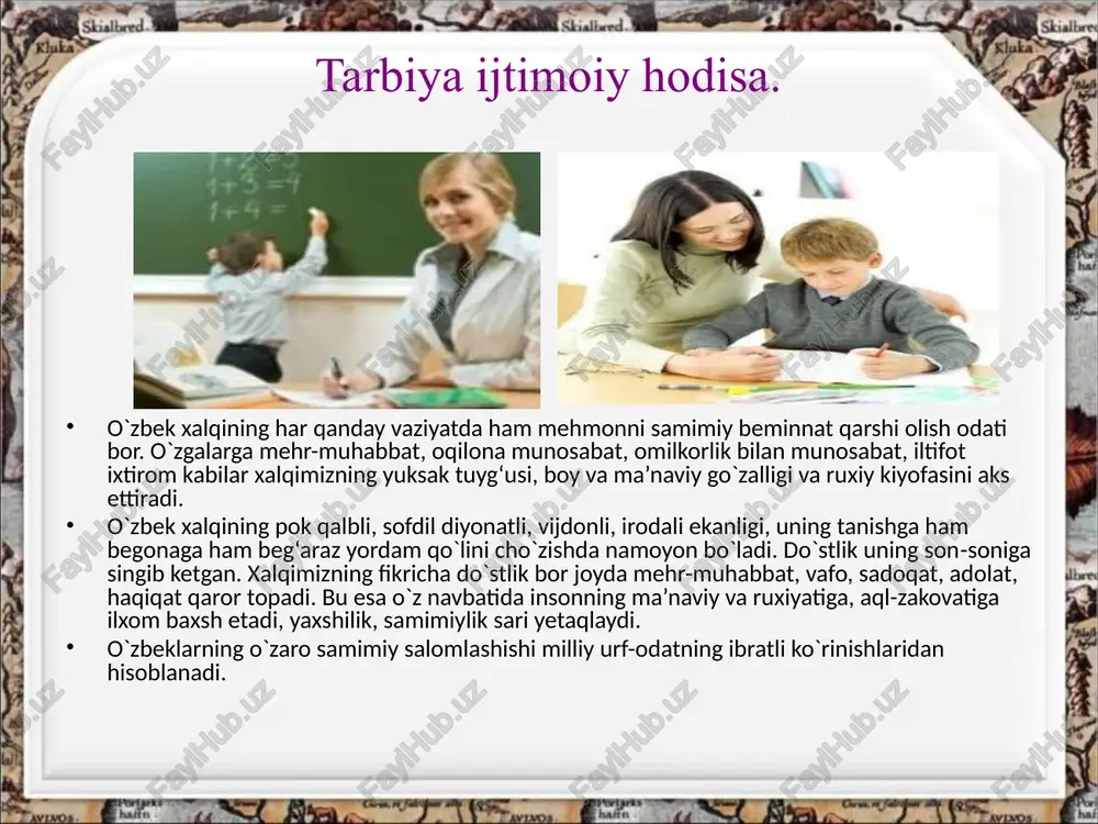 afqatlilik, odamgarchilik, ota-onaga hurmat, aka-uka, opa-singil, qarindosh-urug‘lar o`rtasidagi mehr oqibatlilik, peshona terisi evaziga topilgan rizq-nasibaga qanoat qilib yashash, oila, bola-chaqaga vafo sadoqatlilik, lafz xalollik, xojatbarorlik, yetim-yesir, beva-bechoralarga muruvvatlilik xalqimizga xos odatdir. ajdodlarimiz xalolu-pok, kishi haqidan xazar qiluvchi, vujudlari xalollik bilan yo`g‘rilgan kishilar bo`lgan. ular bu odatlarimiz farzandlari, nabirilari yon-atrofdagi yosh yalanglarga ham ustalik bilan singdira olganliklarini bilamiz. o`zbek xalqi o`zining ruxiy qiyofasi, milliy xususiyati, milliy xulq-atvori, milliy tuyg‘usi, mijozi, didi, ta’bi bilan boshqa millatlardan ajralib turadi. o`zbekm millatining sezgisi, idroki, xotirasi, tafakkuri saloxiyatning ma’lum yo`nalishiga qaratilganligi, extiyoji va qiziqishi, milliy ongi o`ziga xos betakror xususiyatga ega. milliy ruxiyatning tarkibiy qismlari nimalardan iborat milliy xususiyat-muayyan millat fazilatlarining o`ziga xos xislarlari majmuasidan iborat. milliy xususiyat o`z ichiga irodaviy sifatlar (mustaqillik, intizomlilik, samimiylik, xaqqoniylik. insonparvarlik va x.k.) qamrab oladi. 6 tarbiya o`z o`zini tarbiyalash va qayta tarbiyalsh. bolada o`z-o`zini tarbiyalashga ehtiyoj, ya’ni kishida o`z ustida ongli, batartib ishlashga ehtiyoj paydo bo`lgandagina tarbiya jarayoni …