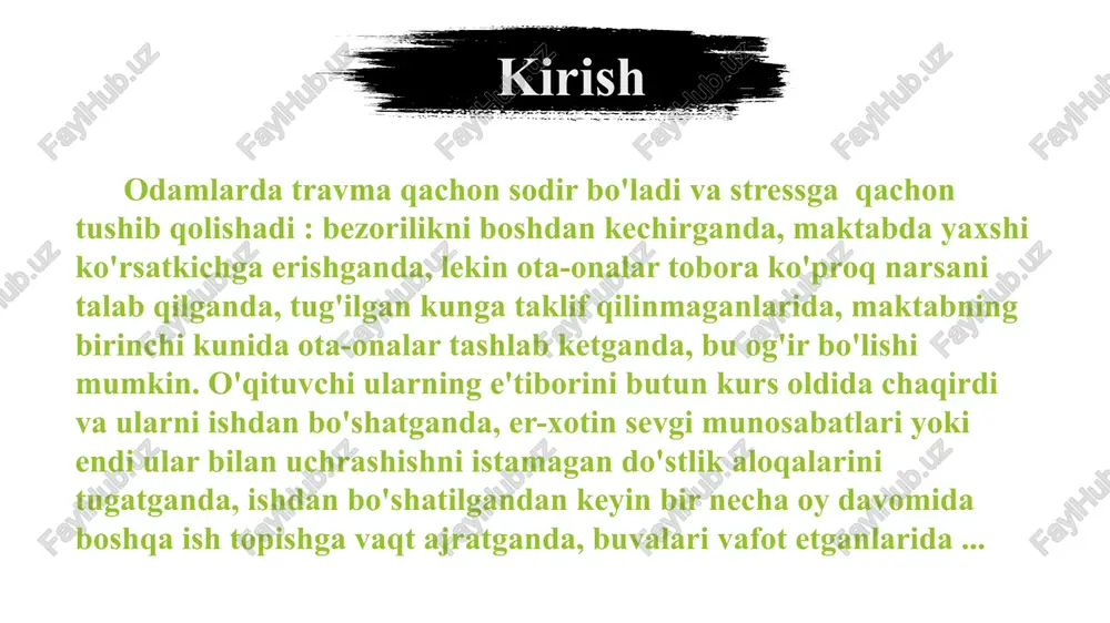 ing yana bir, batafsil tasnifiga bog'liq. - mavjudlik; - jarohatlarning yo'qolishi; - munosabatlarning shikastlanishi; - o'z xatolaridan shikastlanish. 01 - baxtsiz hodisalar avtomobilning jiddiy yoki boshqa yo'l-transport hodisalari. - doimiy zo'ravonlik ishda yoki maktabda zo'ravonlik. - hujum. - qotillik. - tabiiy ofatlar halokatli oqibatlarga olib kelishi mumkin bo'lgan yong'inlar, zilzilalar, toshqinlar yoki bo'ronlar kabi. - yaqin kishini yo'qotish, ota, ona yoki o'g'il kabi, ba'zan o'z joniga qasd qilish orqali. - ota-ona yoki bola kabi yaqin qarindoshning o'limi, ba'zida o'z joniga qasd qilish. - sog'liqni saqlash muammolari bu sizni uzoq vaqtdan beri tashvishga solgan. - o'g'irlangan. - o'g'irlash. borliqning shikastlanishi - bu o'lim tahdididir, yoki u va uning yaqinlariga biror narsa tahdid soladigan kishining ayblovi. xarakterli alomat - o'lim qo'rquvi . bunday vaziyatda biror kishi tanlash - kuchli bo'lish yoki o'z-o'zidan yopilishi kerak. 01 yo'qotilgan tirilish , birinchi navbatda, yolg'izlikdan qo'rqishdir. bu erda ham "yoki" xarakterli xususiyat mavjud: qashshoqlik bosqichida qolib …