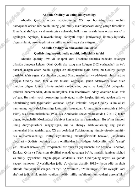 ing dunyoqarashini kengaytirgan, rus va sharqiy adabiyotlarning eng yaxshi namunalari bilan tanishtirgan. xx asr boshidagi turkistonning ijtimoiy-siyosiy muhiti – rus mustamlakachiligi, milliy ziyolilarning ma'rifatparvarlik harakati, jadidchilik g'oyalari – qodiriy ijodining asosiy omillaridan biri bo'lgan. jadidchilik, ya'ni "yangi" yo'l izlovchi harakat, o'n to'qqizinchi asr oxiri va yigirmanchi asr boshida turkiston, kavkaz, qrim va tatariston ziyolilari orasida tarqalgan bo'lib, ma'rifat, jamiyat islohoti va milliy uyg'onishni targ'ib qilgan.jadidchilik ta'siri qodiriyning hayoti va ijodida yaqqol namoyon. u yoshligidan jadid g'oyalariga qiziqib, 1912-yillarda adib va shoir sifatida faoliyatni boshlagan. "to'y", "ahvolimiz", "millatimga", "fikr aylagil" kabi she'rlari jadidchilik ruhida yozilgan bo'lib, milliy ma'rifatni, jamiyatdagi qorong'ilikni tanqid qilgan. inqilobdan oldingi asarlarida jadidchilik ta'siri sezilarli: u ma'rifatparvarlik, millatparvarlik va ijtimoiy islohotlarni targ'ib qilgan. masalan, otasining uzoq umr ko'rganligi va hikoyalari qodiriyga o'tmishni, milliy tarixni sevgi bilan o'rganishni o'rgatgan, bu esa jadidchilikning milliy o'tmishni qayta ko'rib chiqish tamoyiliga mos kelgan. qodiriy o'z xalqining hayotini bevosita odamlar bilan suhbat qurib, …