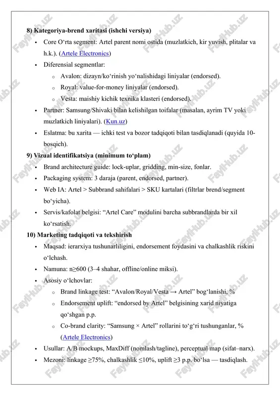ari (artel “ekotizim” darajasida) · portfel soddaligi: sku/pack turkumlari soni −10…20% · onlayn ia: subbrand landing’larida bounce va cr 14) ishchi shablonlar (tayyor matn) · endorsement tagline: “endorsed by artel” · ko-brand formulasi: “in partnership with samsung/shivaki” (kun.uz) · servis moduli: “artel care — 36 oy kafolat, 160+ servis nuqtasi” (aniq raqamlar ichki ma’lumotga qarab to‘ldiriladi) 15) havolalar (ko‘rib chiqish uchun) · artel — about/brands sahifasi (artel + shivaki, avalon, vesta, royal, samsung). (artele electronics) · artel umumiy brend/portfel ma’lumotlari. (artele electronics) · artel × samsung kooperatsiyasi yangiliklari. (kun.uz) · artel’ning xalqaro hamkorlik/reyting materiallari. (fitch ratings) image1.png