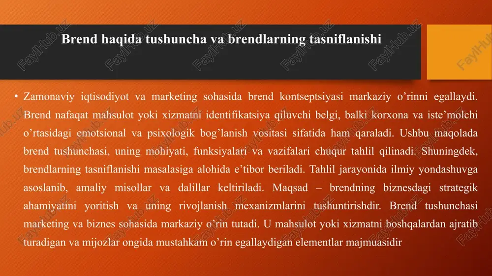 mahalliy: mahalliy restoran brendi. - global: mcdonald’s. ob’ekt bo’yicha - mahsulot brendi: konkret mahsulotga oid. - xizmat brendi: xizmatlarga oid. - shaxsiy brend: shaxslar (influencerlar) uchun. - mahsulot: iphone. - xizmat: uber. - shaxsiy: elon musk. brend tushunchasi va uning mohiyati brend – bu korxona tomonidan ishlab chiqarilgan mahsulot yoki xizmatni boshqa shunga o’xshash mahsulotlardan ajratib turadigan noyob identifikatsiya tizimi. uning mohiyati nafaqat tashqi ko’rinishda, balki iste’molchilarning ongida shakllangan qadriyatlar, va’dalar va tajribalarda namoyon bo’ladi. brendning rivojlanishi bilan korxona nafaqat sotuvni oshiradi, balki uzoq muddatli loyallikni ta’minlaydi. masalan, global bozorda apple kompaniyasi brendi innovatsiya va yuqori sifatni ifodalaydi, bu esa iste’molchilarni doimiy ravishda uning mahsulotlarini tanlashga undaydi. “brend” atamasining kelib chiqishi va ma’nosi “brend” atamasi qadimiy skandinaviya tillaridan kelib chiqqan bo’lib, dastlab “brandr” so’zi bilan ifodalangan, bu “yonmoq” yoki “belgilamoq” ma’nosini bildirgan. o’rta asrlarda chorva mollarini egalariga tegishliligi uchun issiq temir bilan belgilash amaliyoti mavjud edi. bu belgi molning sifati …